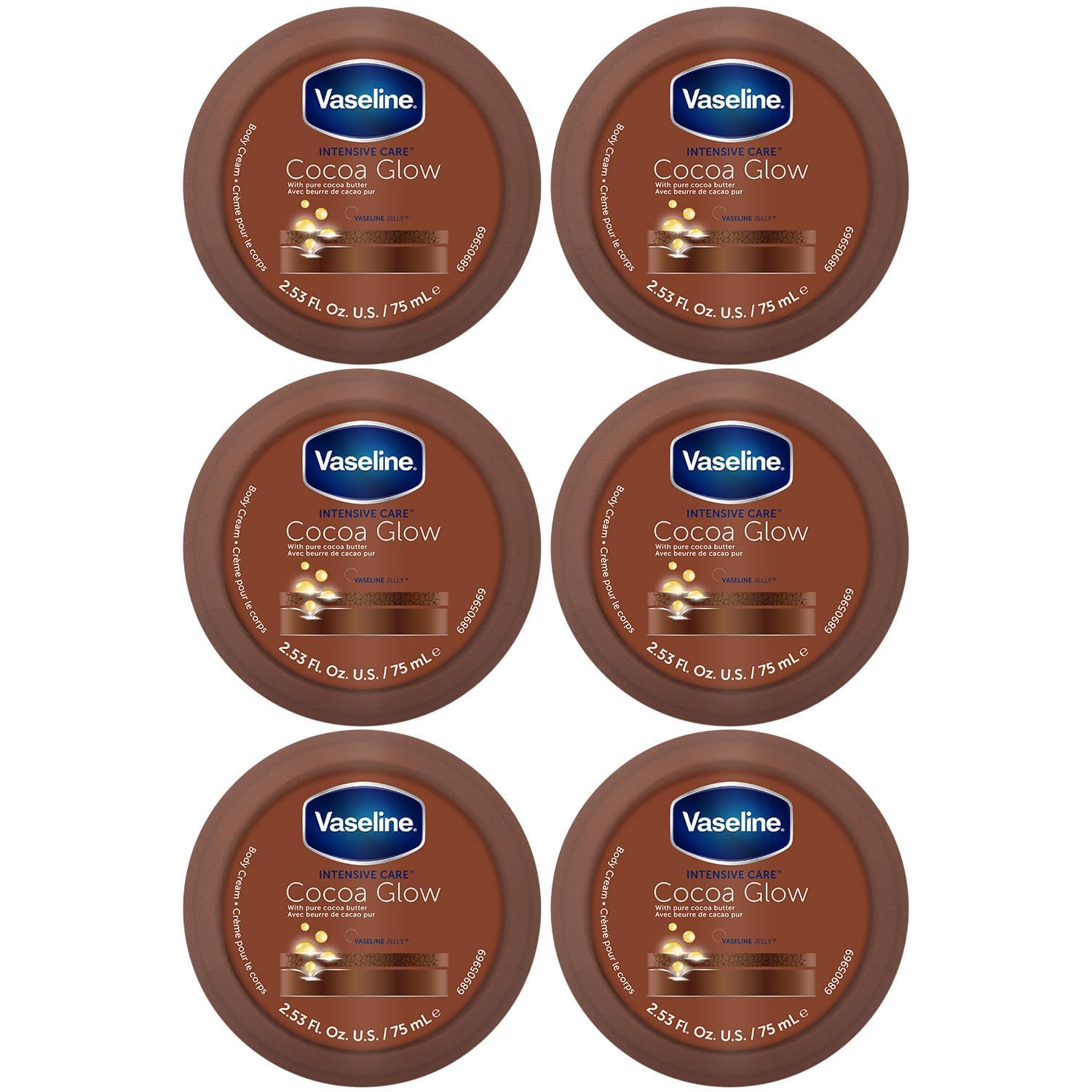 Vaseline Cocoa Glow 6-pack front view showing all tubes for everyday hydration