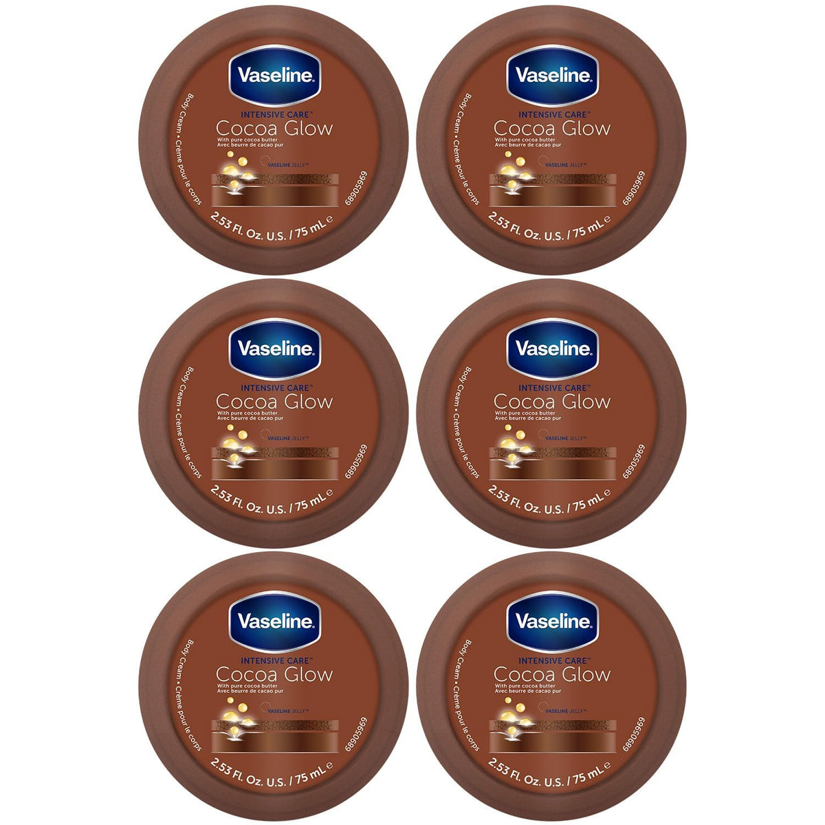 Vaseline Cocoa Glow 6-pack front view showing all tubes for everyday hydration