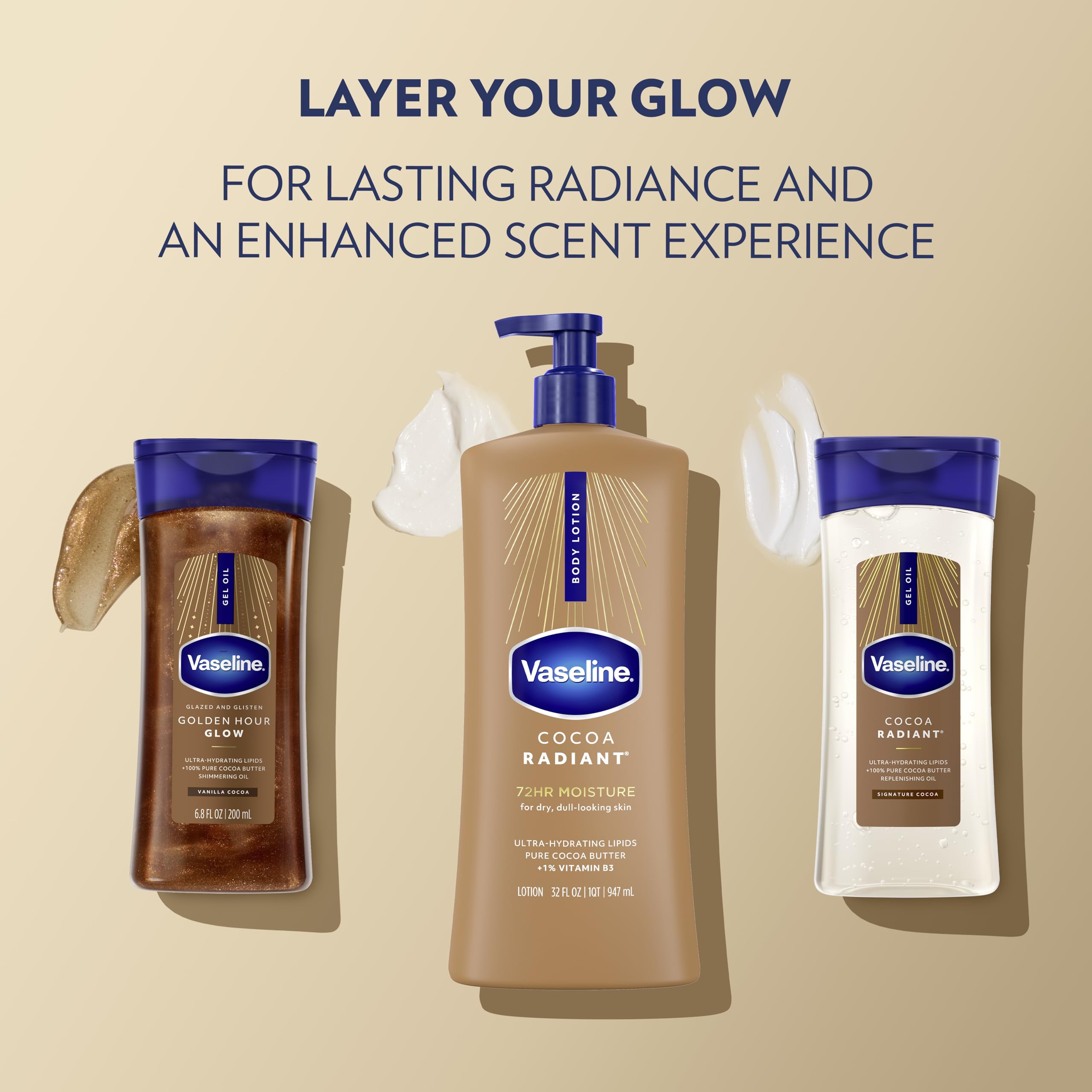 Pure cocoa butter ingredient with Vaseline branding highlighting nourishing benefit