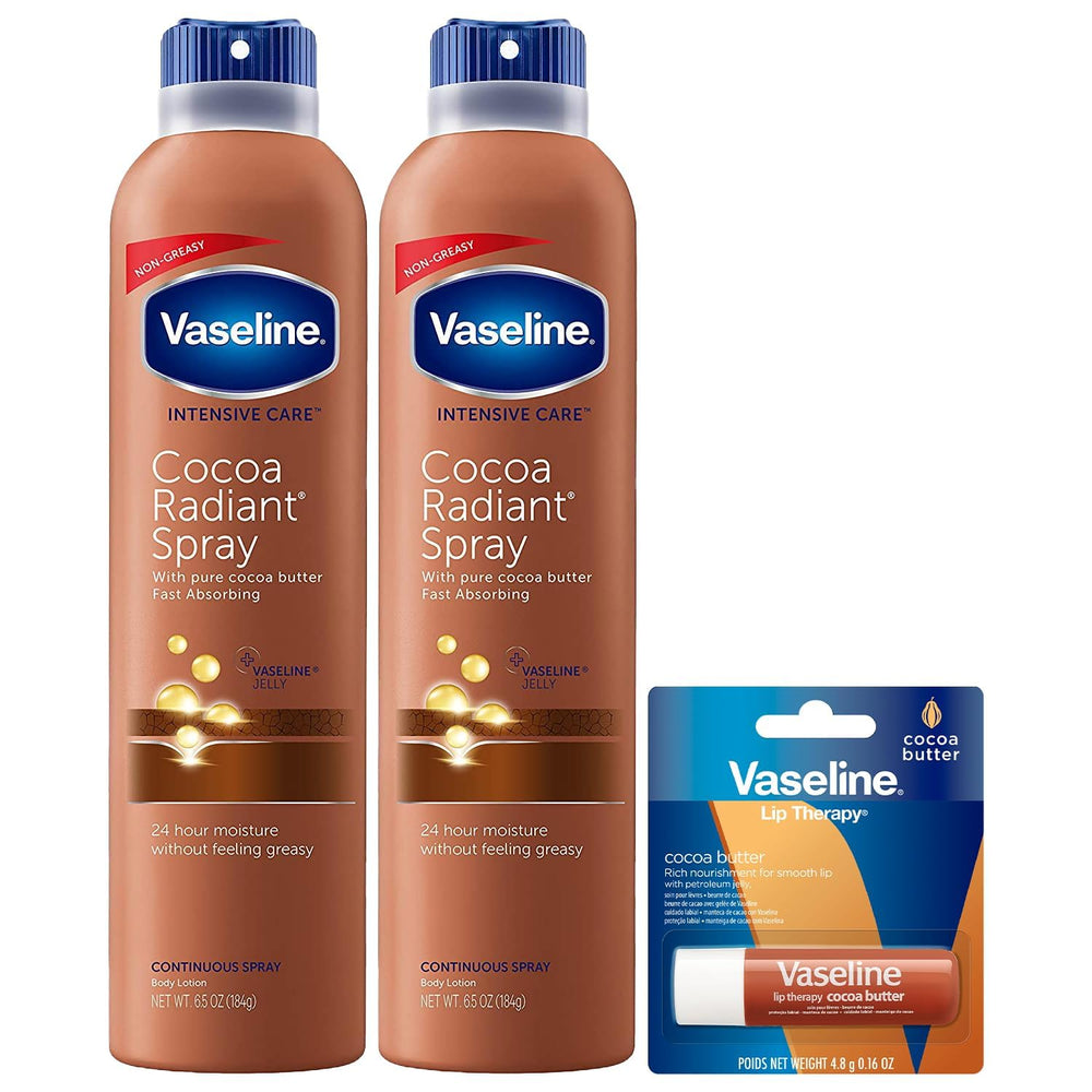 Vaseline Cocoa Radiant Spray bottles shown for quick hydration on dry skin.