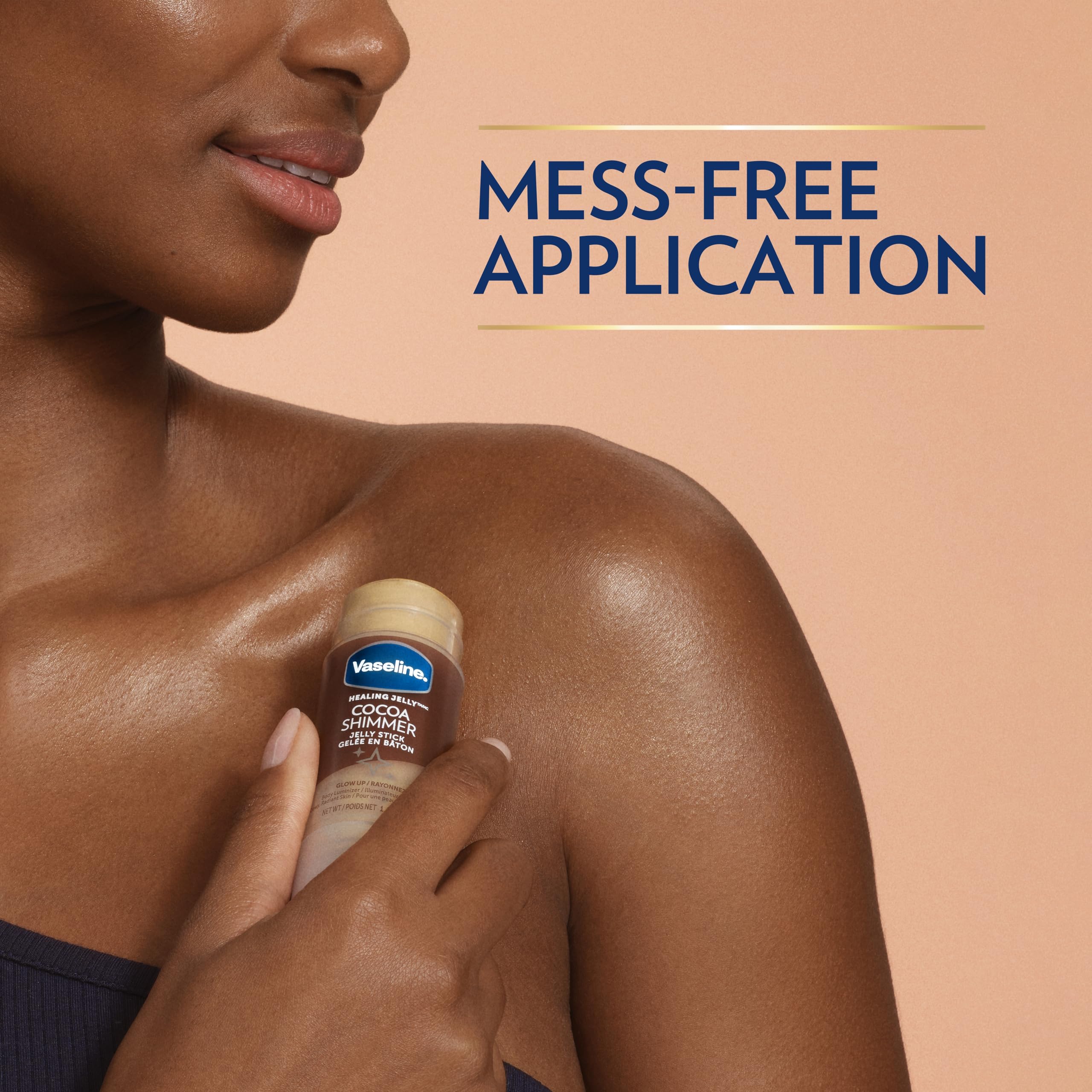 Vaseline Cocoa Shimmer Jelly Stick applied to face and body for glow