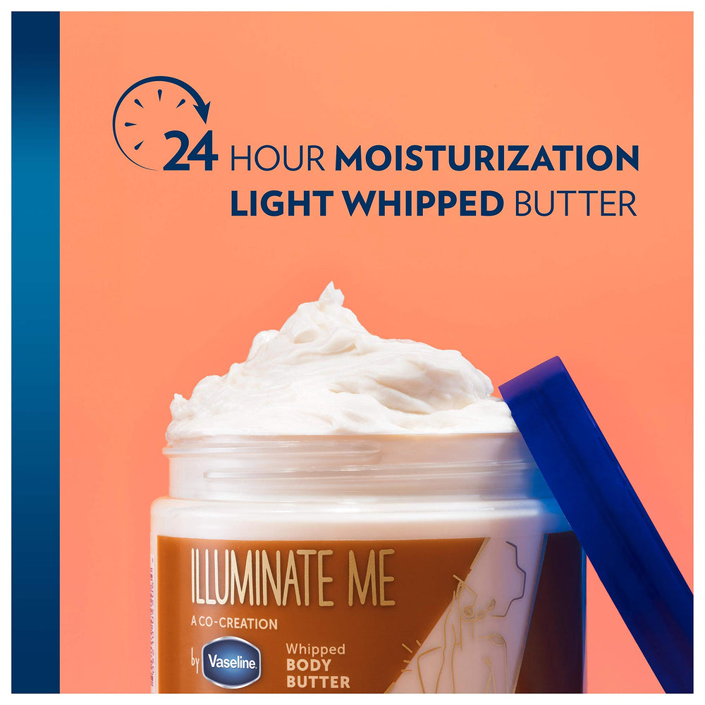 Vaseline shea butter and glycerin ingredients display, emphasizes nourishing hydration