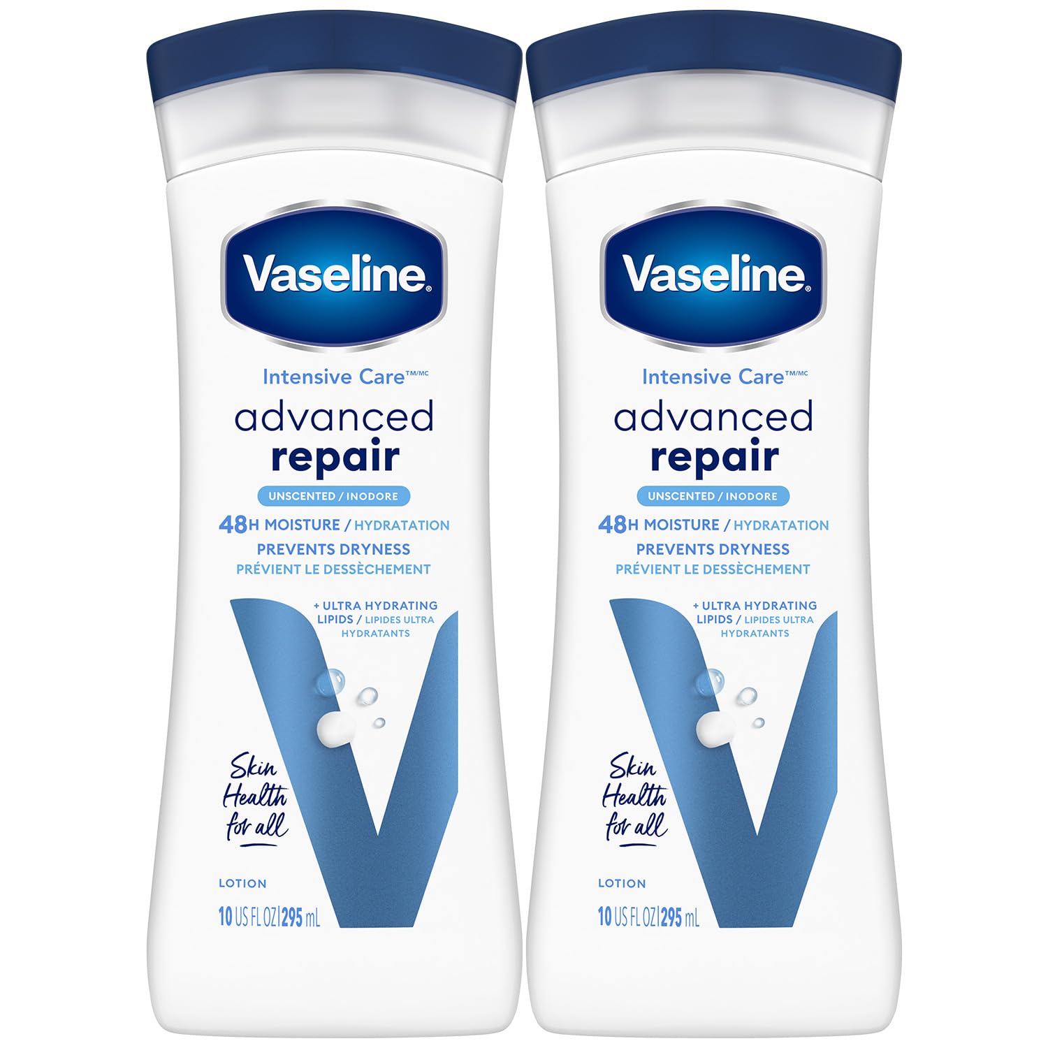 Vaseline Intensive Care Advanced Repair fragrance-free bottle front showing 2-pack hydration.
