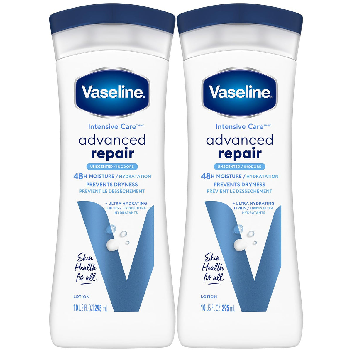 Vaseline Intensive Care Advanced Repair fragrance-free bottle front showing 2-pack hydration.