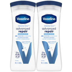 Vaseline Intensive Care Advanced Repair fragrance-free bottle front showing 2-pack hydration.