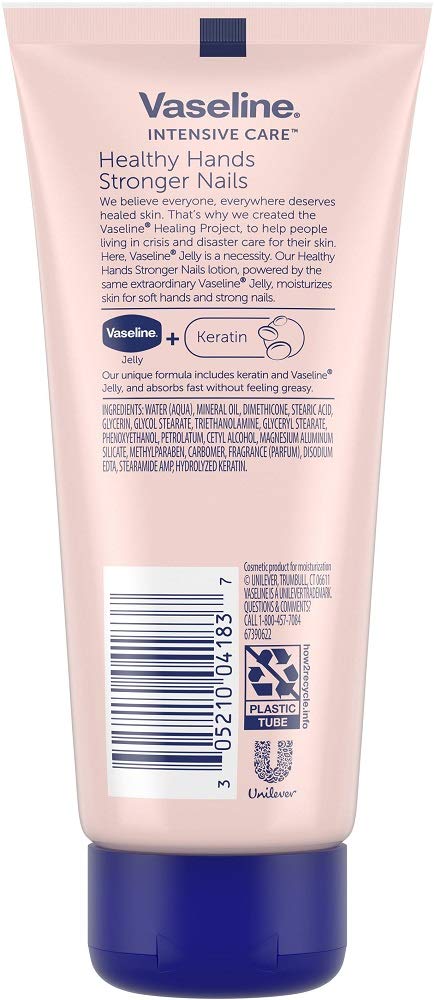 Vaseline Intensive Care lotion in use for nails and cuticles, promoting smoother hands.
