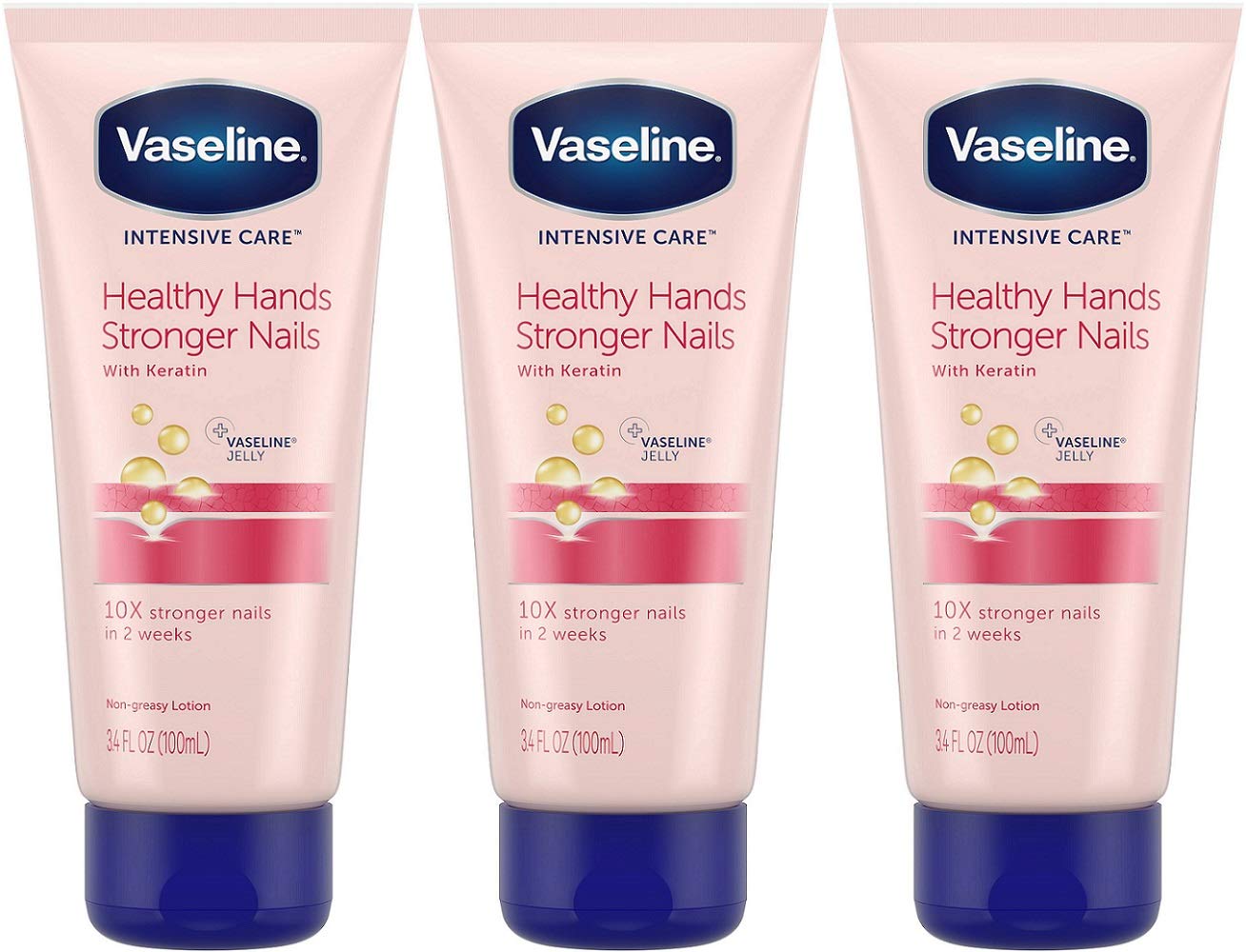 Vaseline Intensive Care Healthy Hands Stronger Nails lotion — pack of 3 bottles for deep hand hydration.