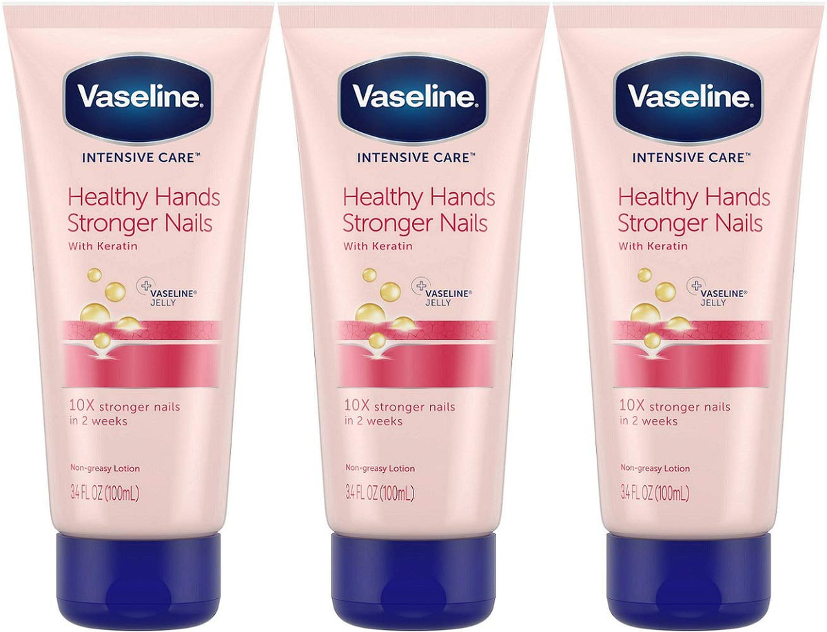 Vaseline Intensive Care Healthy Hands Stronger Nails lotion — pack of 3 bottles for deep hand hydration.