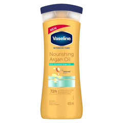 Vaseline Intensive Care Nourishing Argan Oil Lotion bottle close-up for daily moisture.