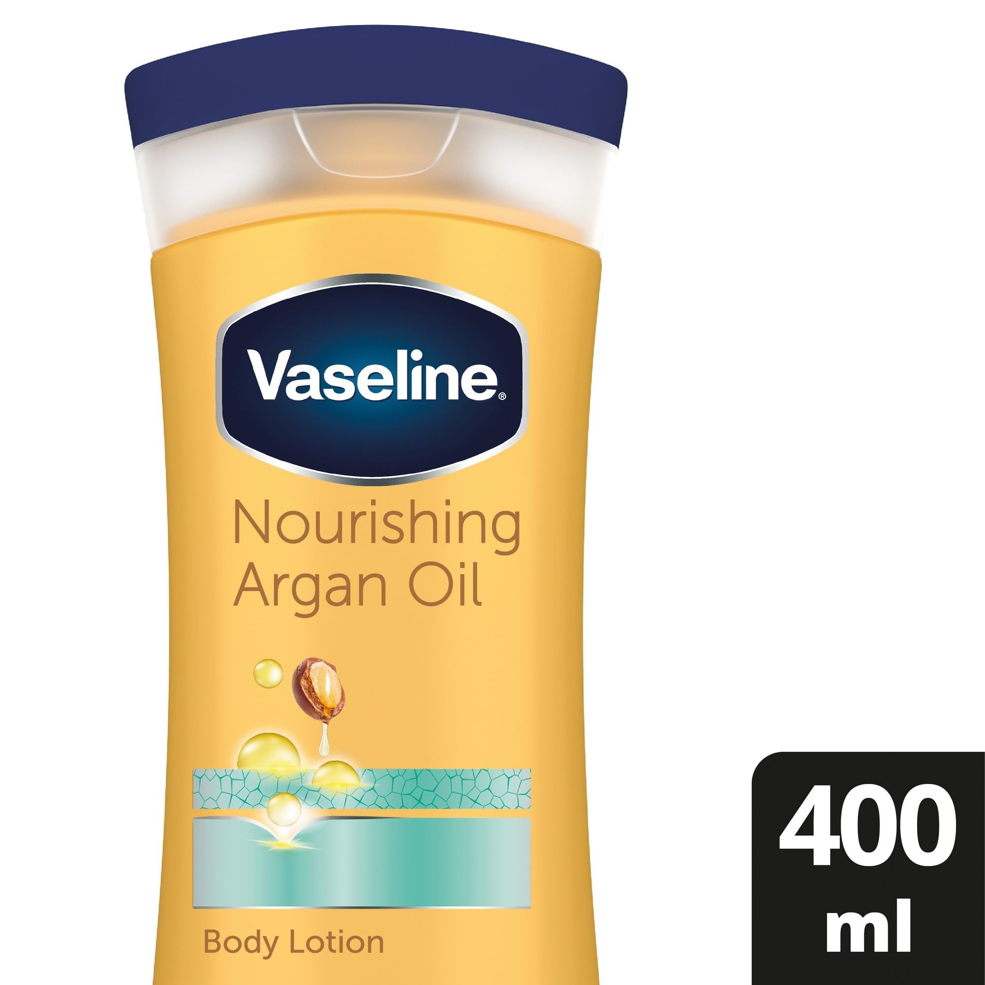 Vaseline Intensive Care Nourishing Argan Oil Lotion front-label close-up highlighting argan oil nourishment.