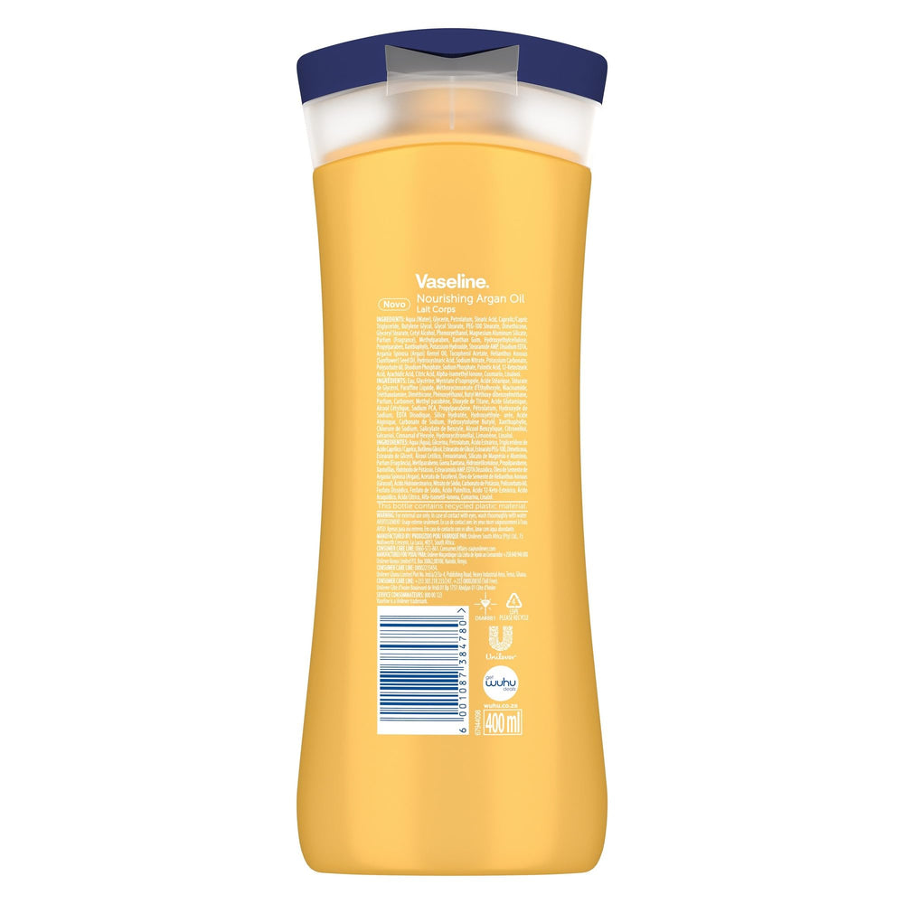 Vaseline Intensive Care Nourishing Argan Oil Lotion 400ml bottle close-up with creamy texture.