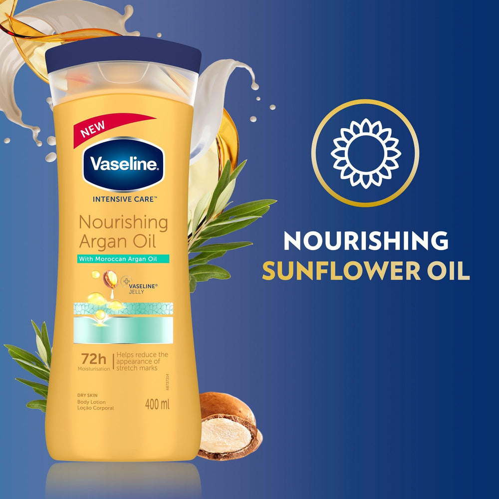 Vaseline Intensive Care Nourishing Argan Oil Lotion massaged onto skin for hydration.