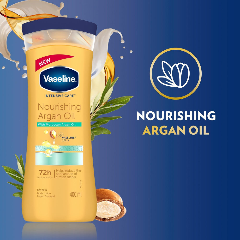 Vaseline Intensive Care Nourishing Argan Oil Lotion packaging shown on bathroom shelf.
