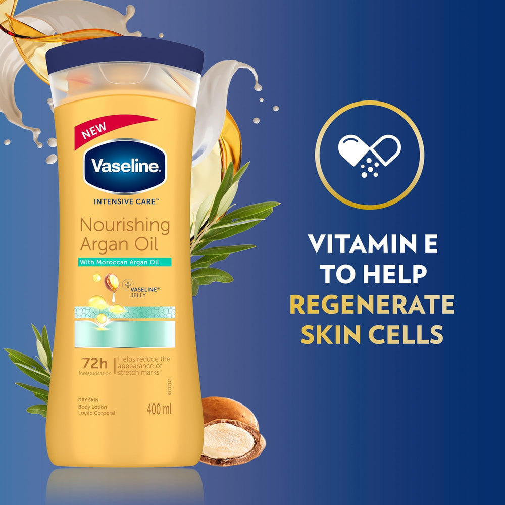 Vaseline Intensive Care Nourishing Argan Oil Lotion ingredients close-up emphasizing natural formula.