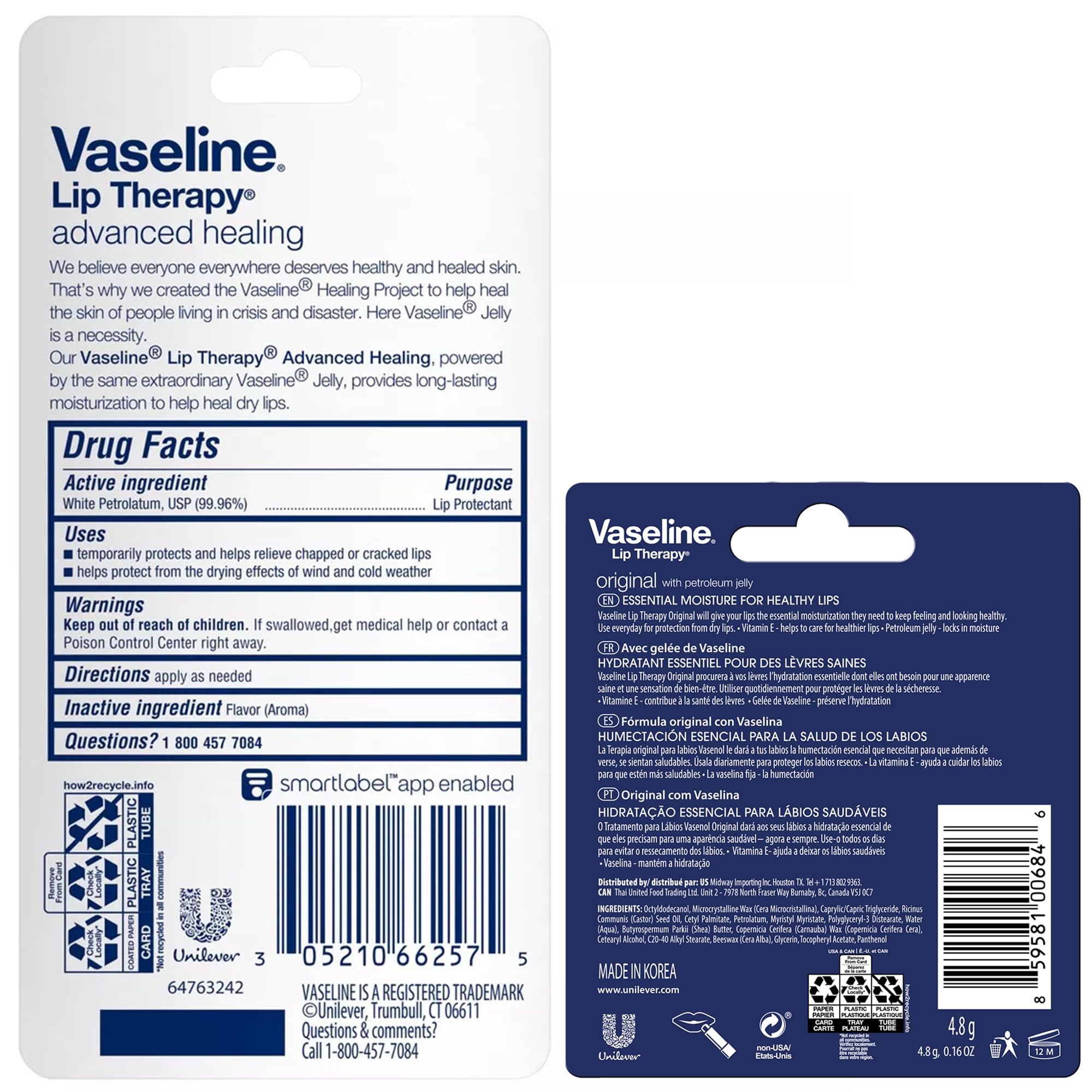 Close-up of Vaseline Lip Therapy Advanced Healing balm texture smoothing dry lips.