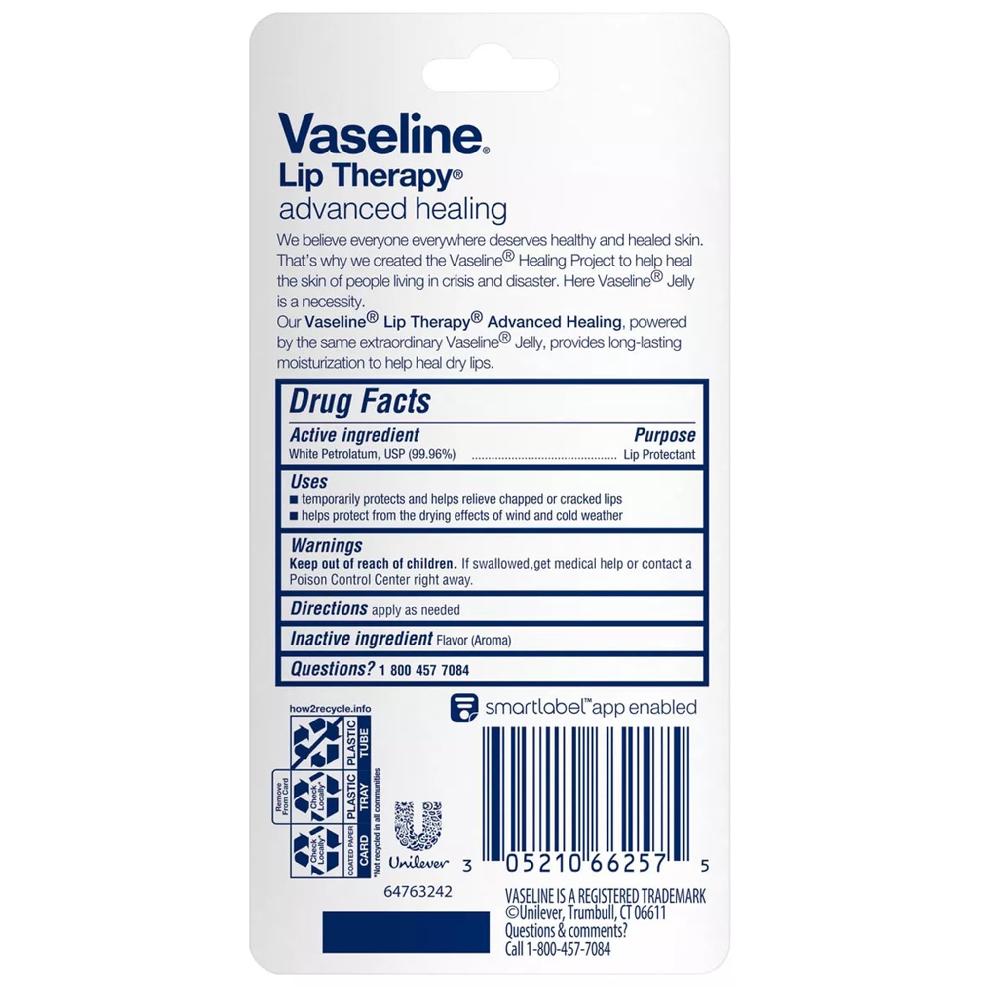 Vaseline Lip Therapy Advanced Healing tube shown for travel-friendly moisture.