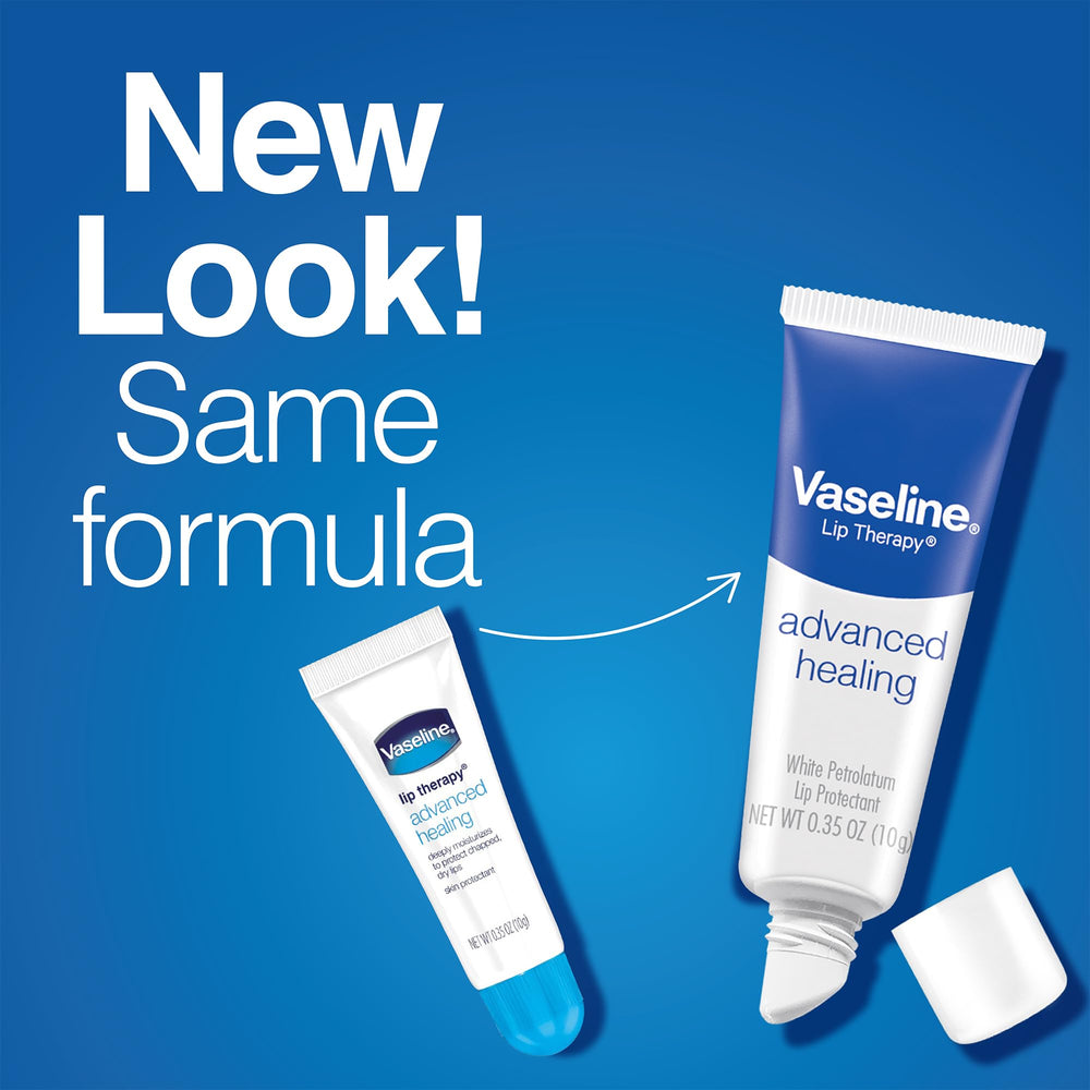 Vaseline Lip Therapy Advanced Healing swatch shows creamy texture and soothing relief.