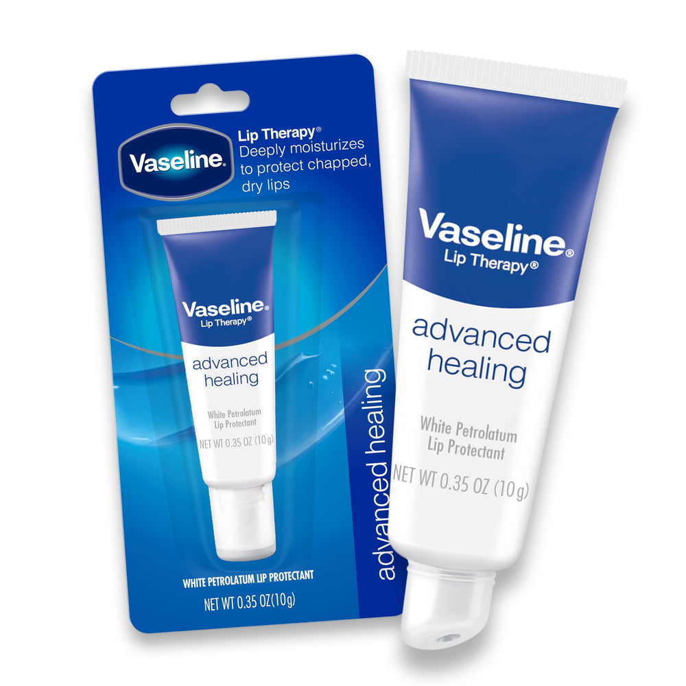 Hands apply Vaseline Lip Therapy Advanced Healing balm for smooth lips.