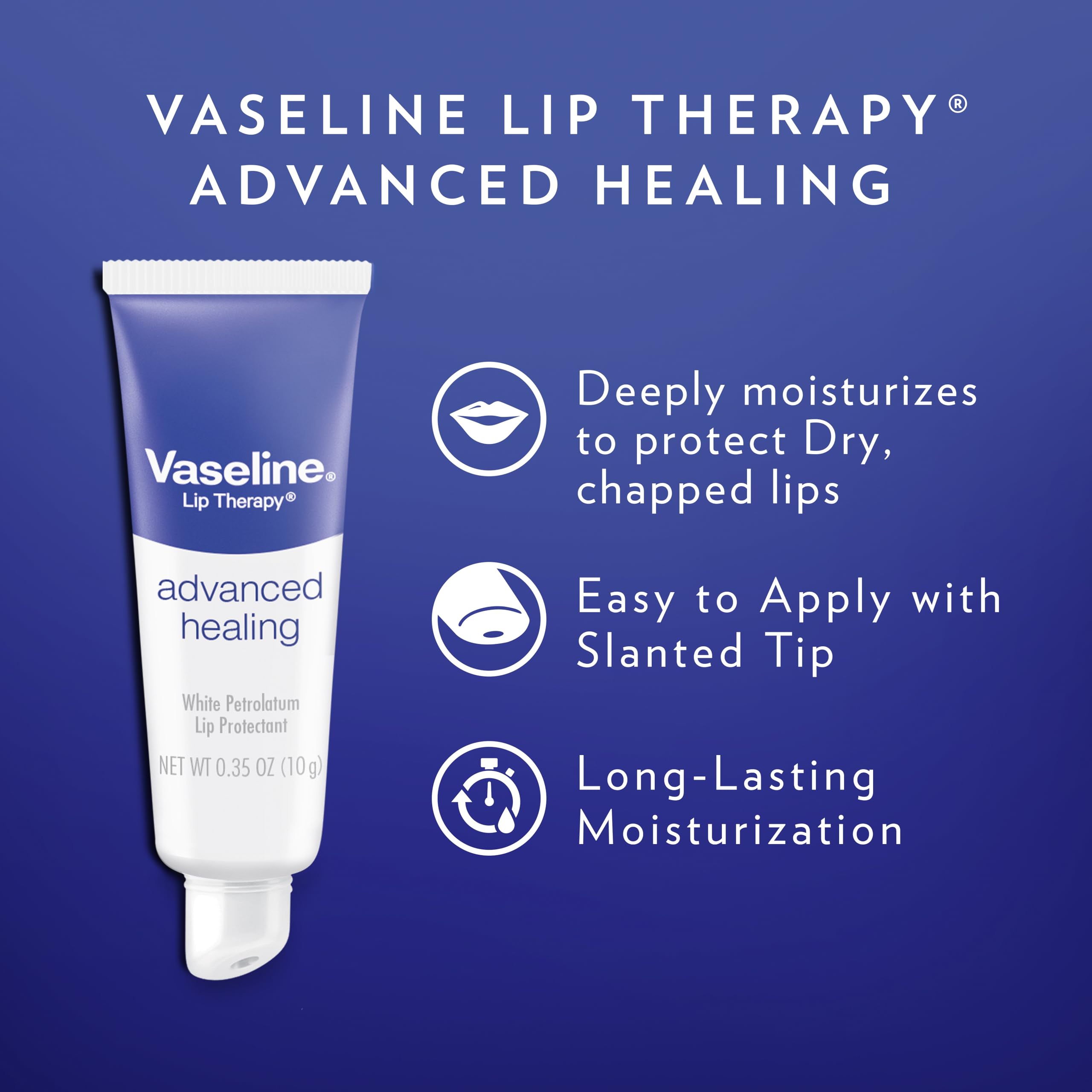 Close-up of Vaseline Lip Therapy Advanced Healing balm with glossy layer.