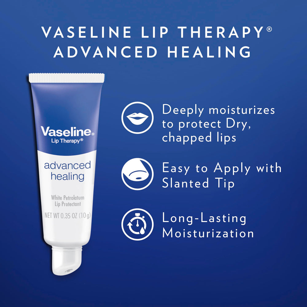 Close-up of Vaseline Lip Therapy Advanced Healing balm with glossy layer.