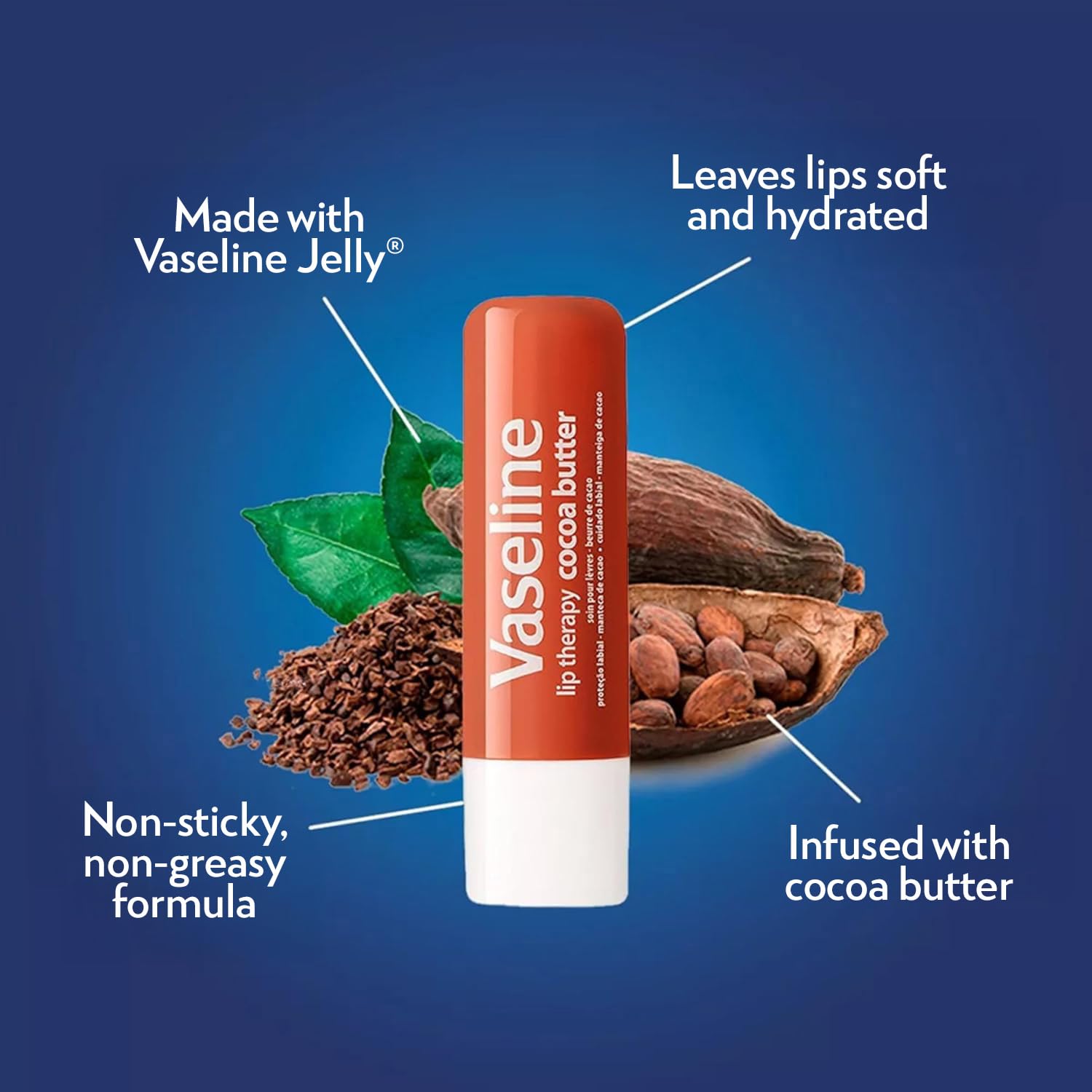 Vaseline Lip Therapy Cocoa Butter application demonstrates smooth lip balm glide