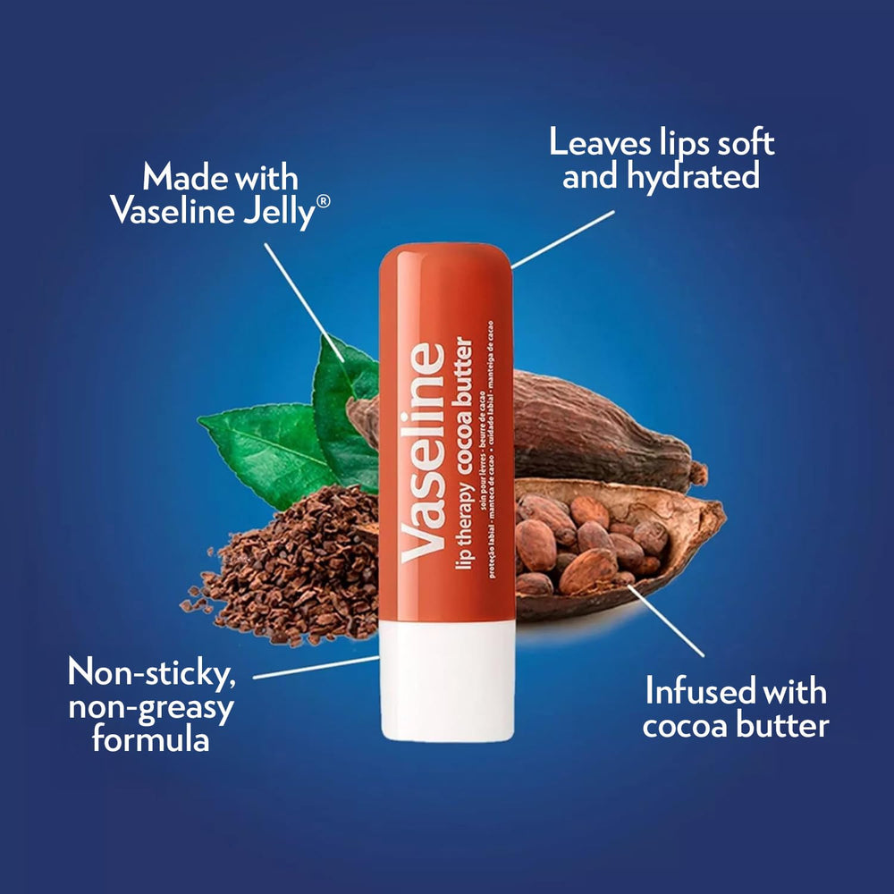 Vaseline Lip Therapy Cocoa Butter application demonstrates smooth lip balm glide