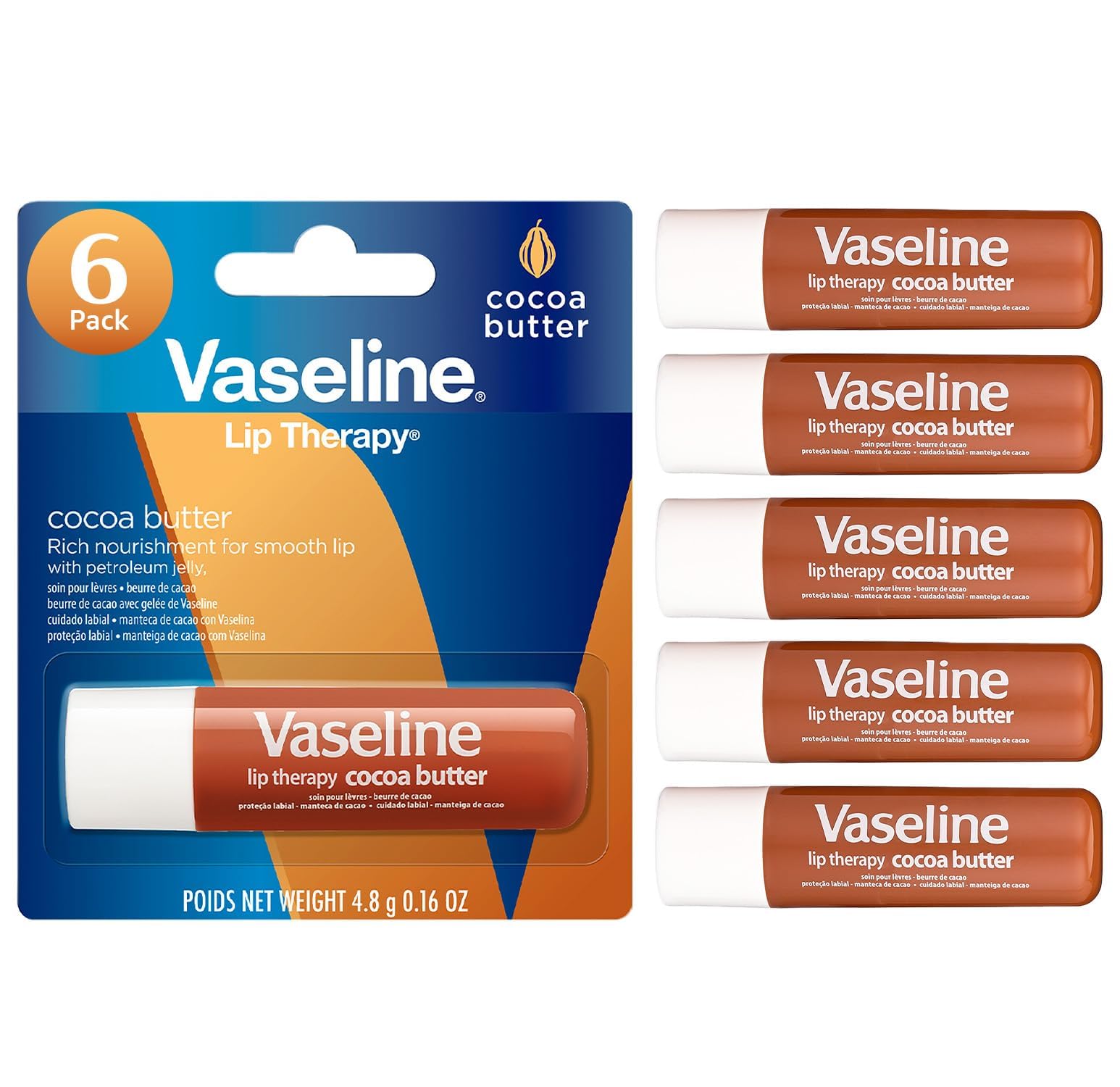 Vaseline Lip Therapy Cocoa Butter close-up showing rich hydration for dry lips