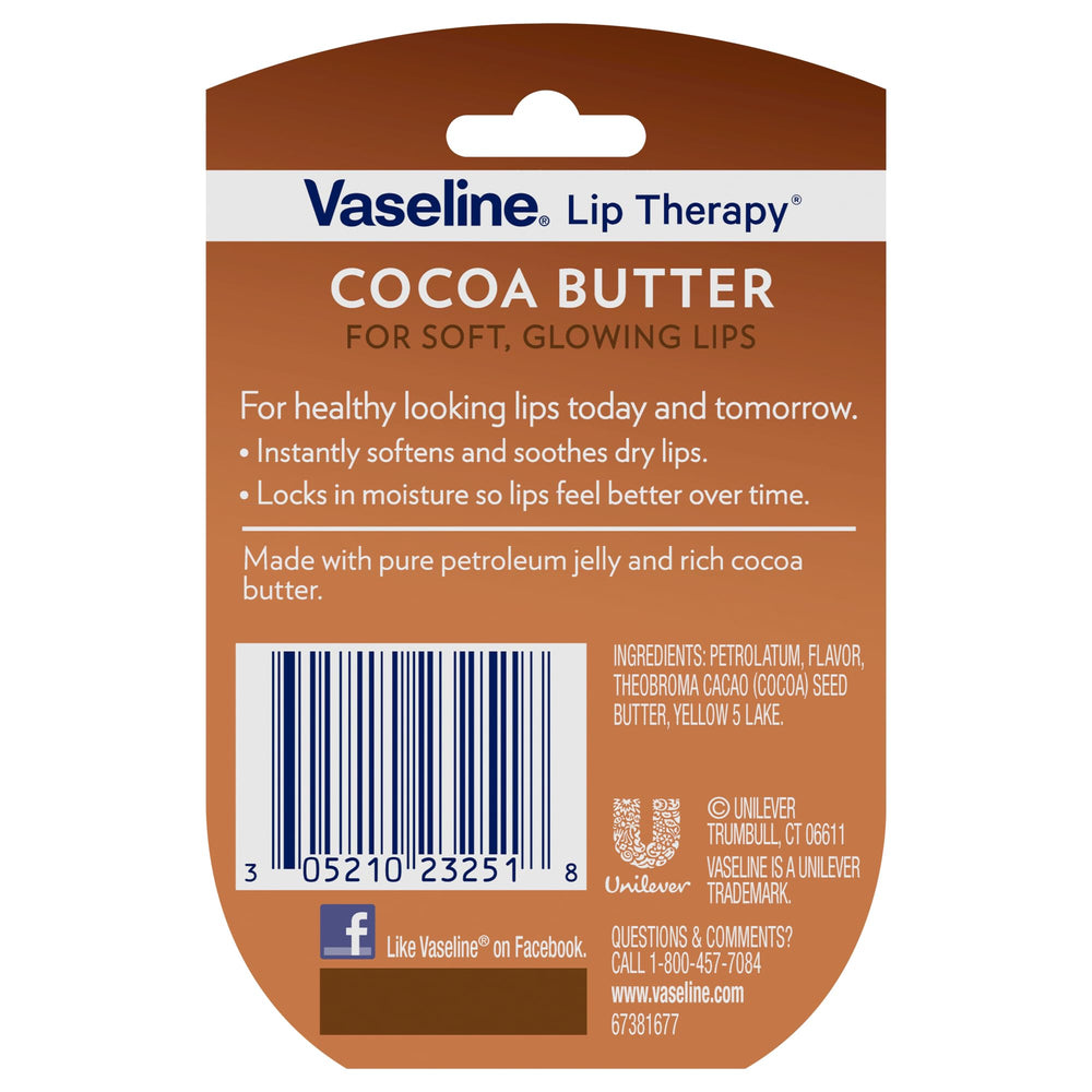 Vaseline Lip Therapy Cocoa Butter jar close-up shows smooth lip nourishment.