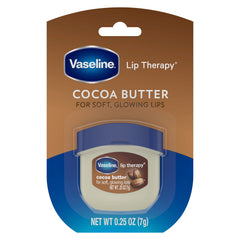 Vaseline Lip Therapy Cocoa Butter mini-jar closeup highlights smooth moisture for daily use.