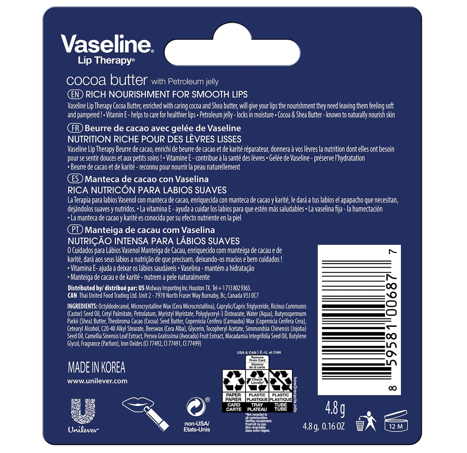 Vaseline Lip Therapy Cocoa Butter pack display highlighting six-pack portability