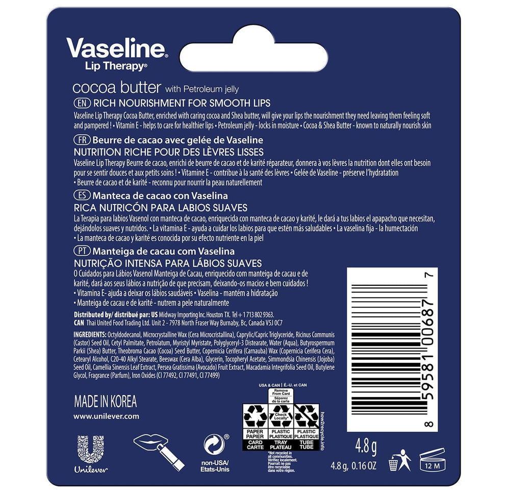 Vaseline Lip Therapy Cocoa Butter pack display highlighting six-pack portability