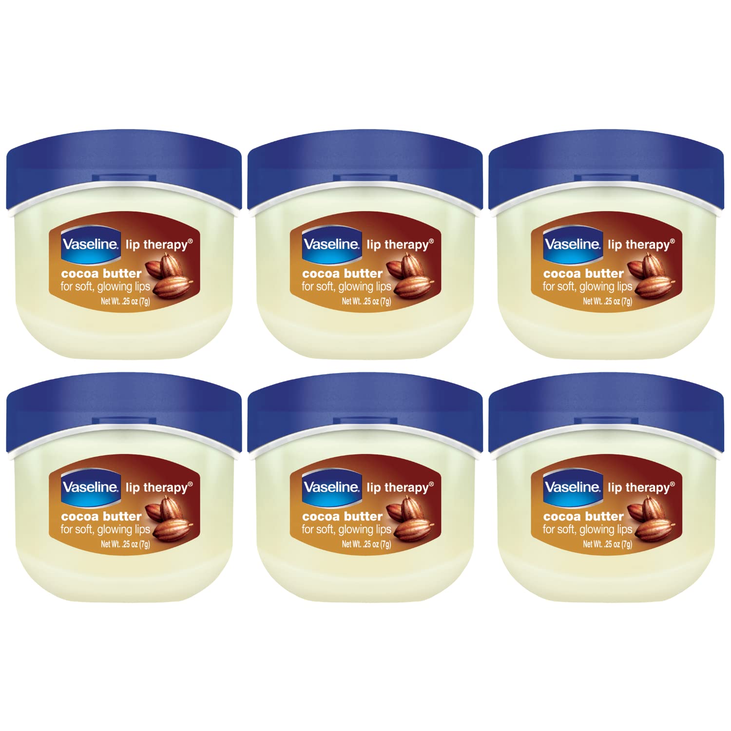 Vaseline Lip Therapy Cocoa Butter pack shows portable minis for on the go lip care.