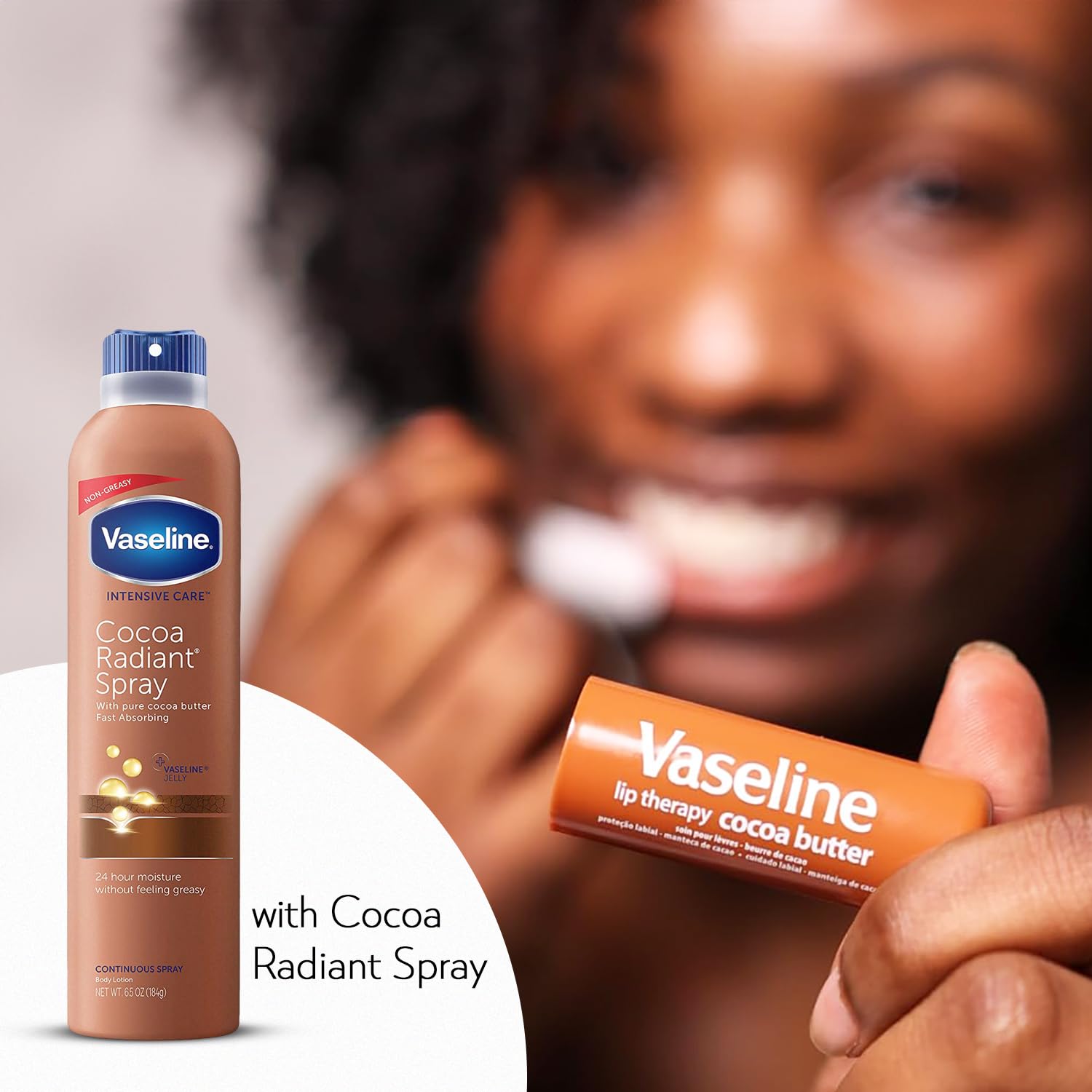 Vaseline Lip Therapy Cocoa Butter tube highlighted for long-lasting lip moisture.