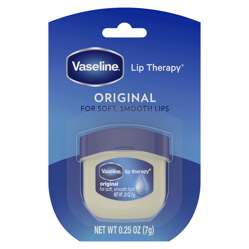 Vaseline Lip Therapy Original 4-pack display showing portable jars