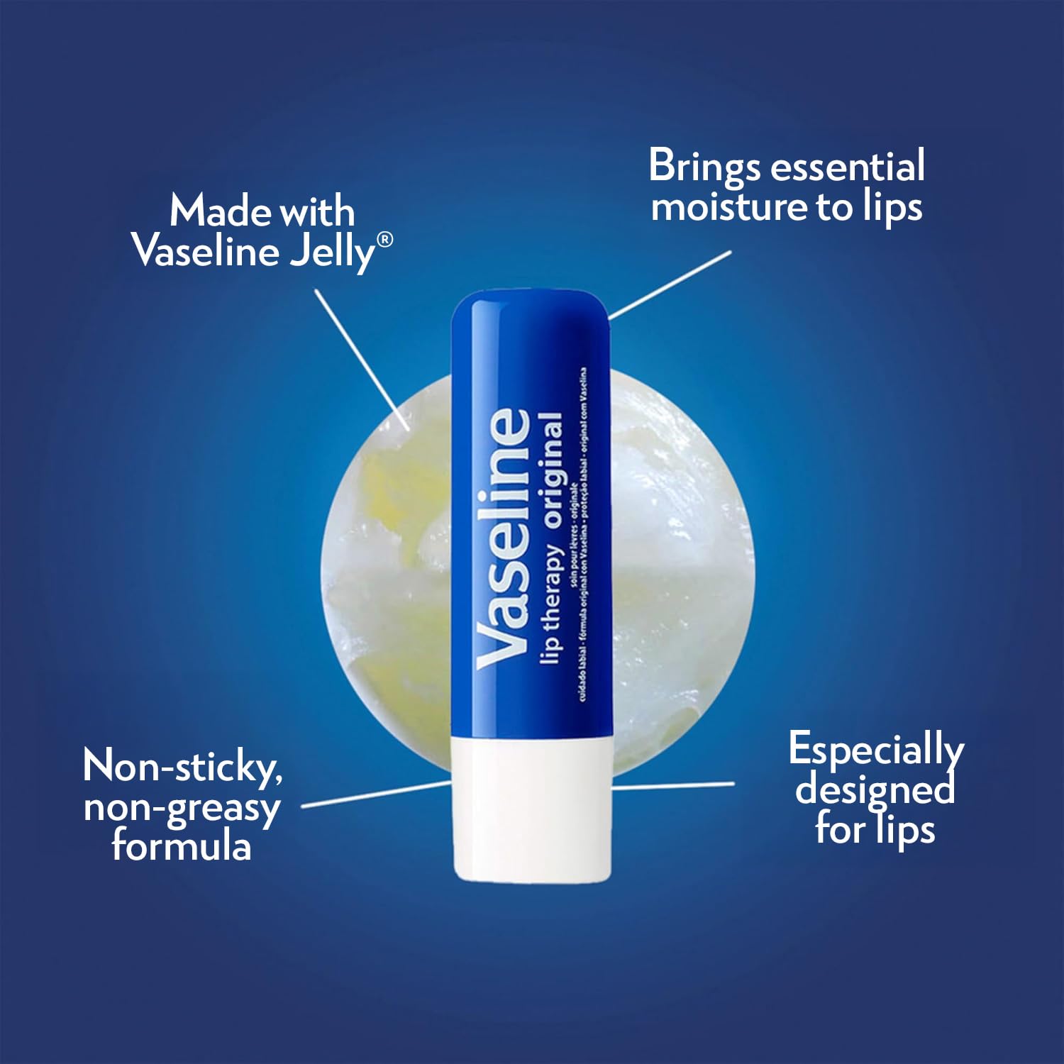 Vaseline Lip Therapy Original application on lips demonstrates smooth non-greasy coverage.
