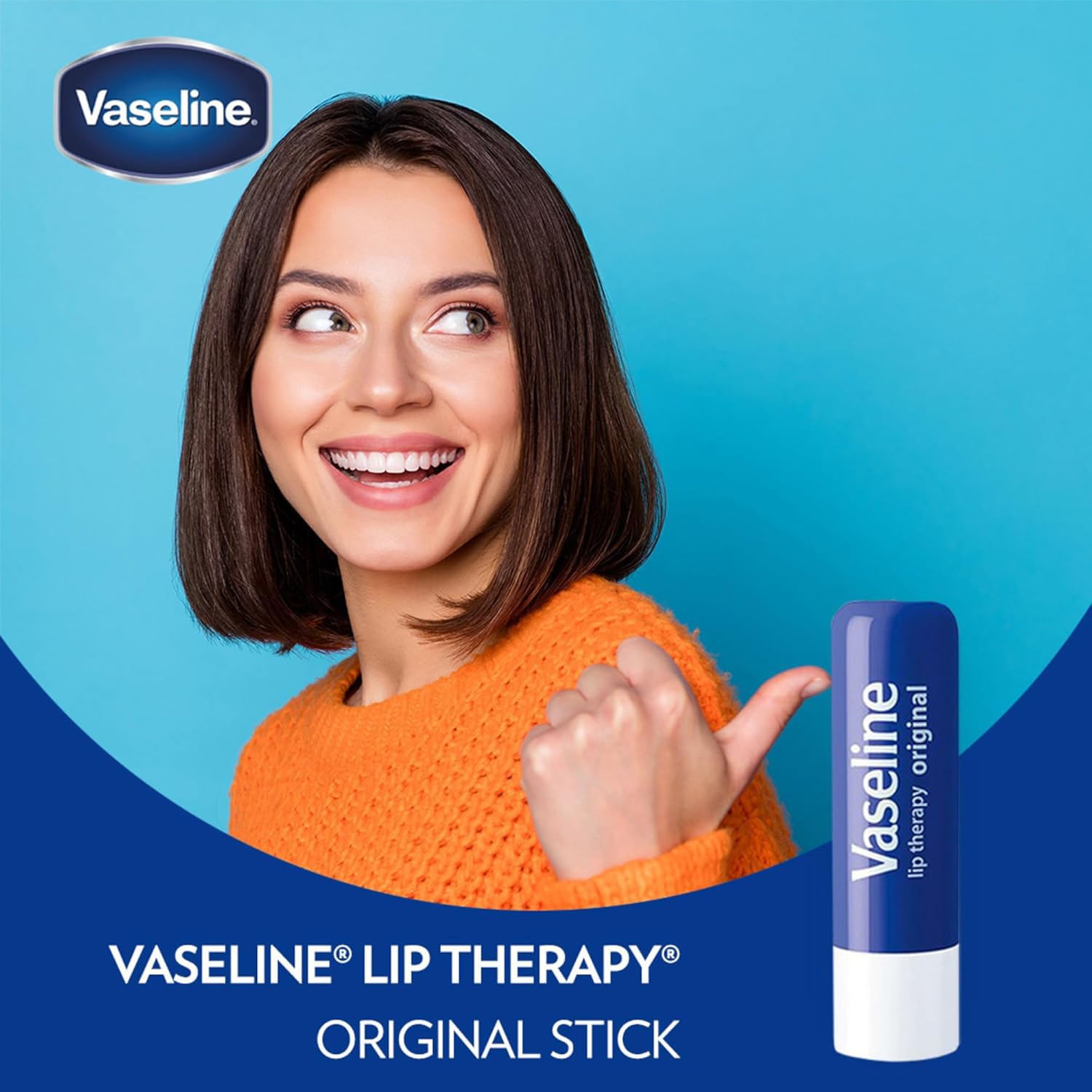 Vaseline Lip Therapy Original on bathroom shelf with other skincare products.