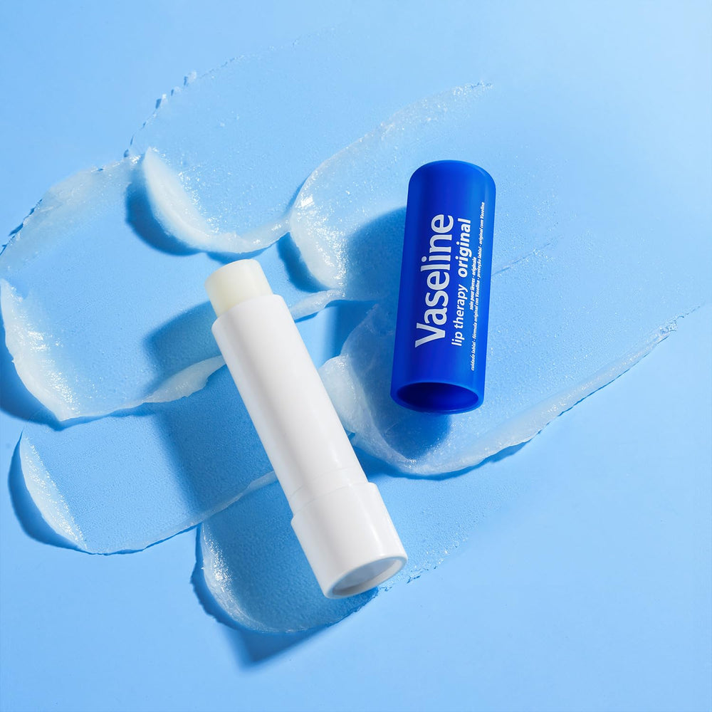 Vaseline Lip Therapy Original logo close-up highlighting trusted Vaseline brand.