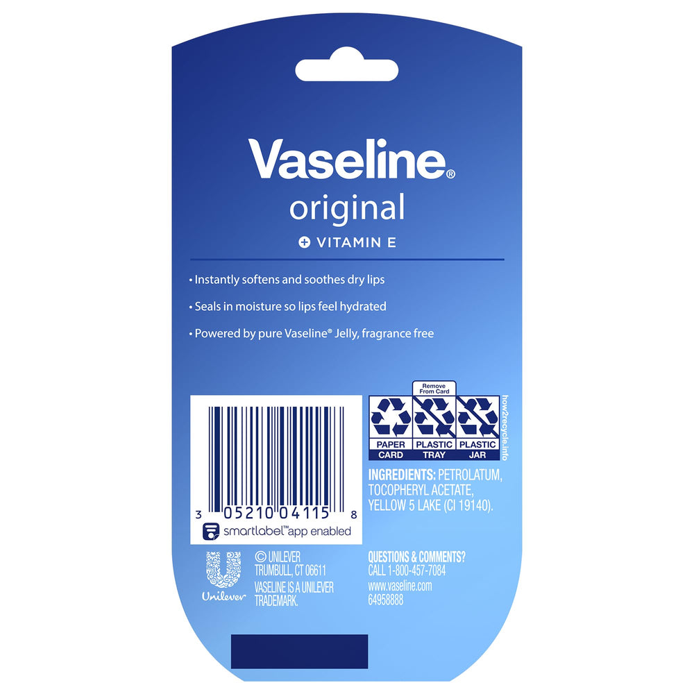 Vaseline Lip Therapy Original Mini packaging closeup highlights compact design for travel.