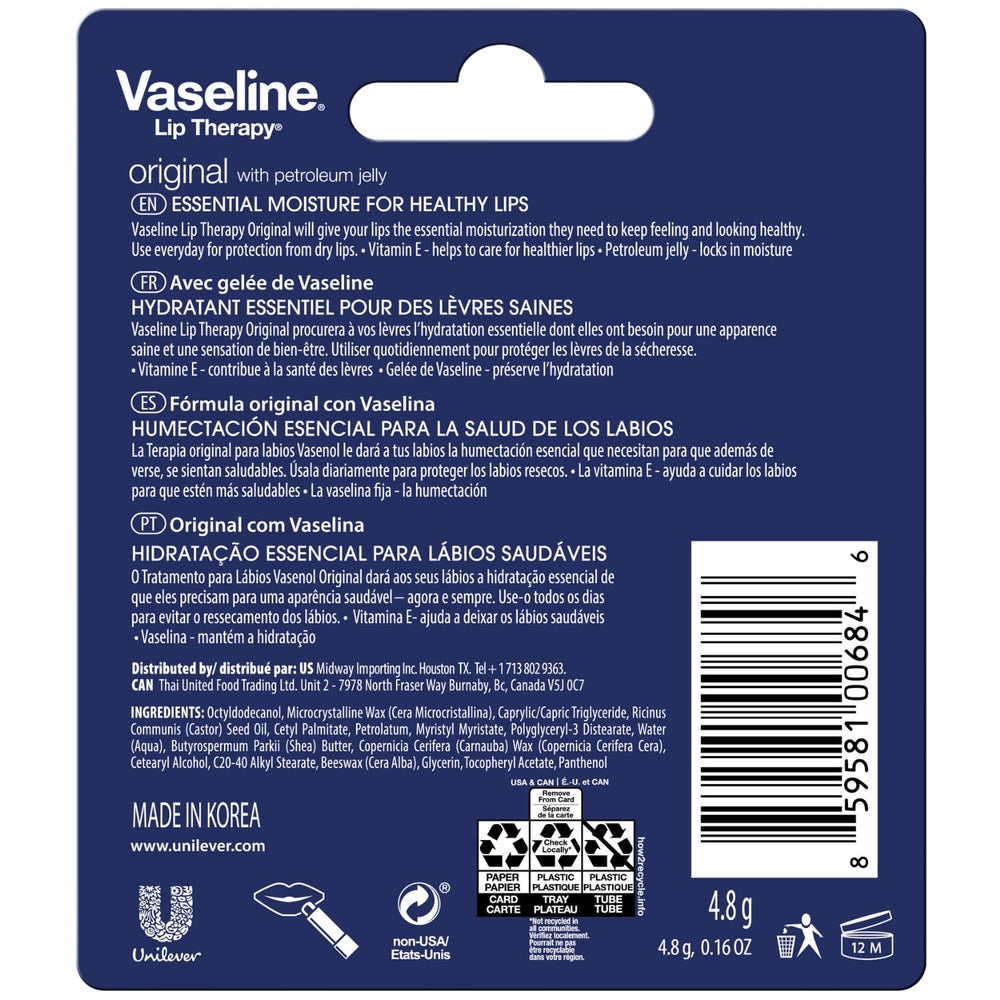 Vaseline Lip Therapy Original pack back view showing eight sticks for everyday lip care.