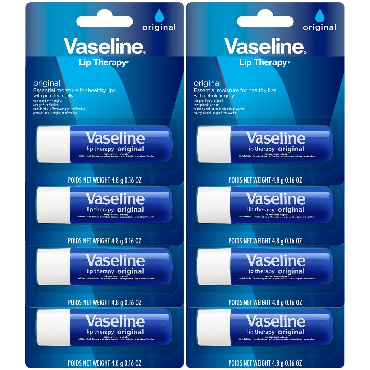 Vaseline Lip Therapy Original eight-pack front view for portable lip moisture on the go.