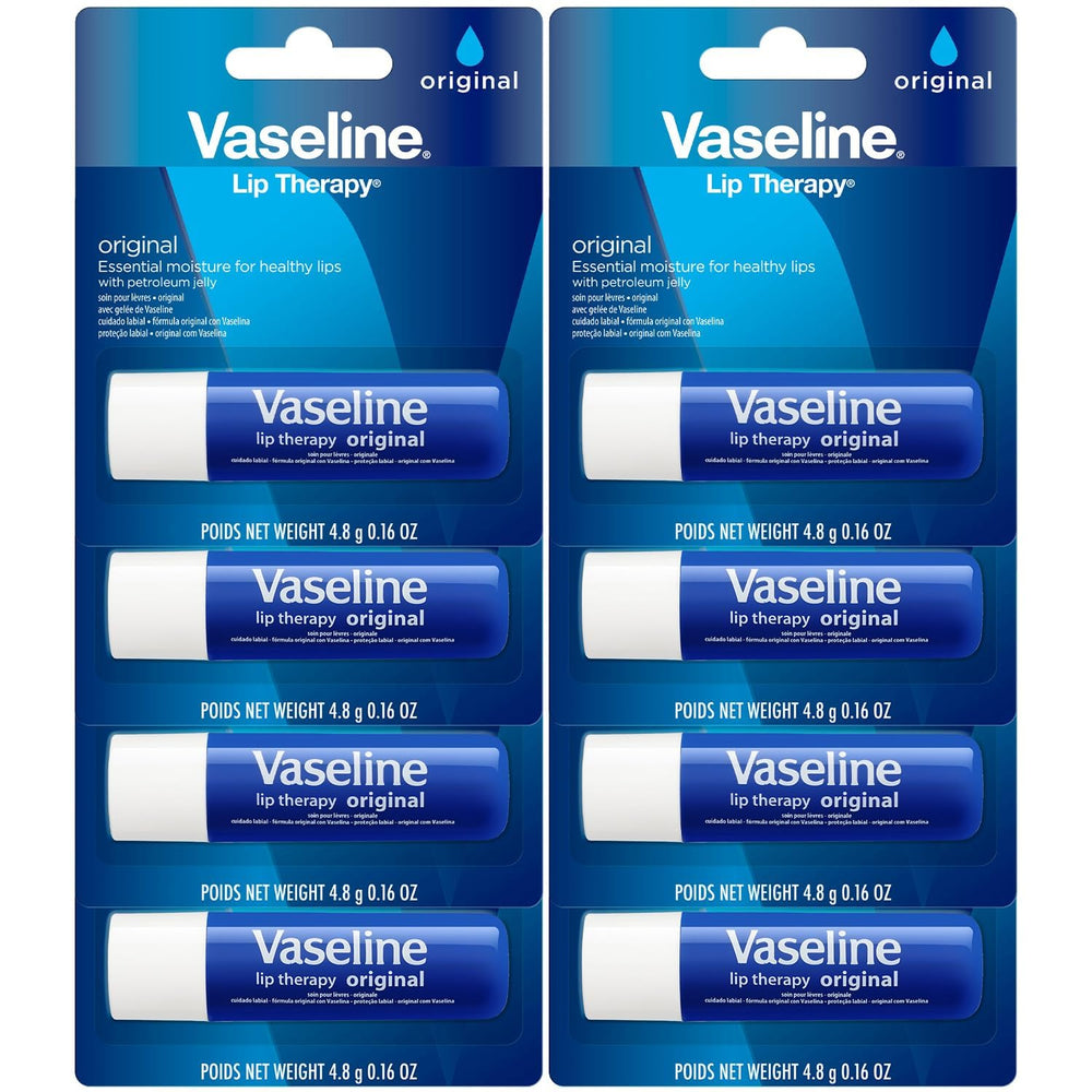 Vaseline Lip Therapy Original eight-pack front view for portable lip moisture on the go.