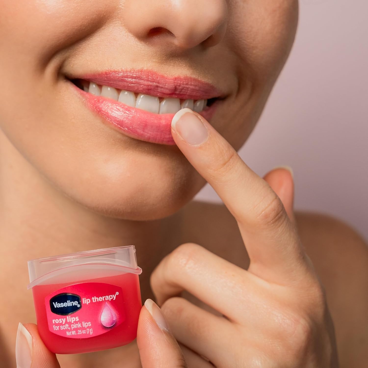 Vaseline Lip Therapy Rosy Tint on lips shows natural color