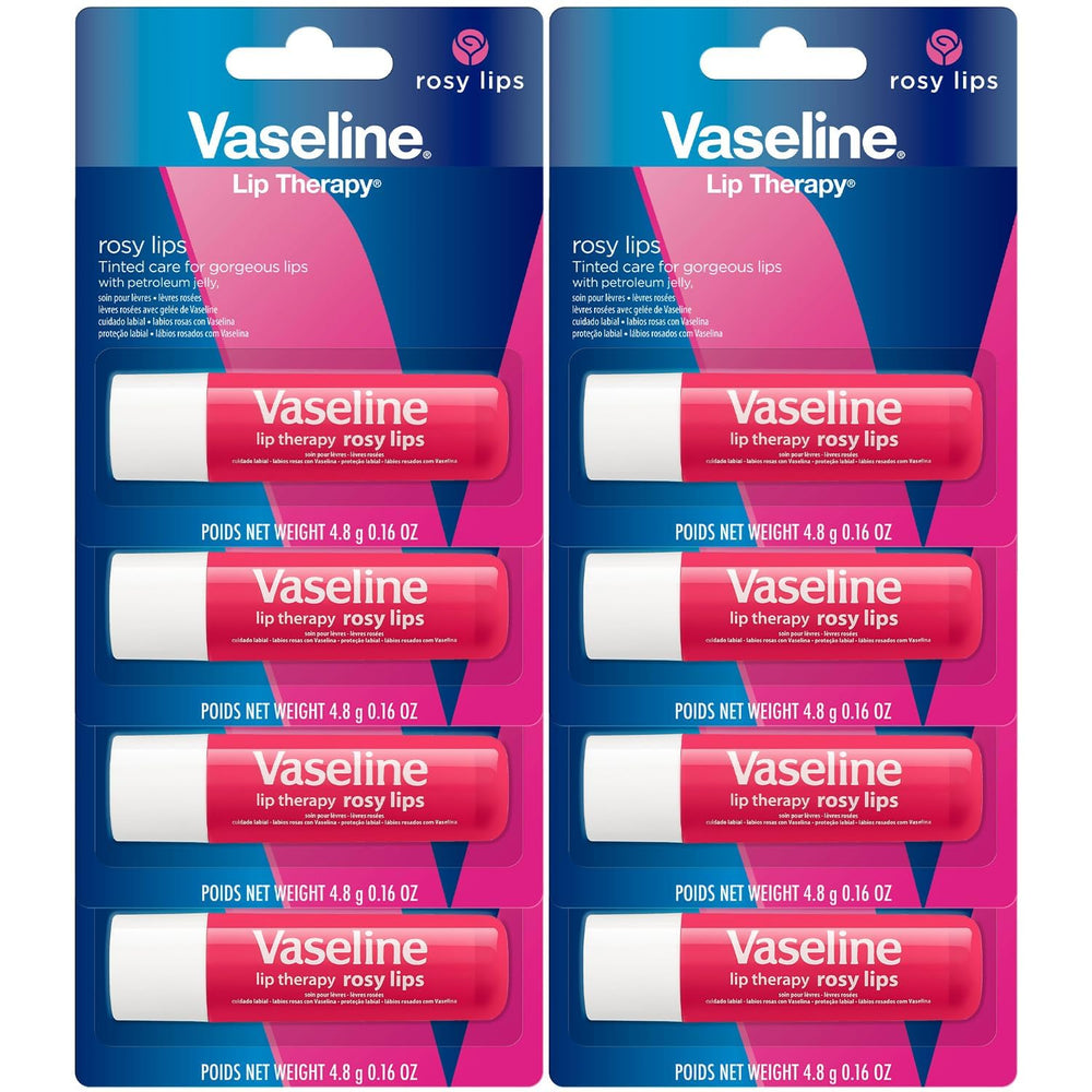 Vaseline Lip Therapy Rosy Lips 8-pack tubes offer rosy tint and hydration.