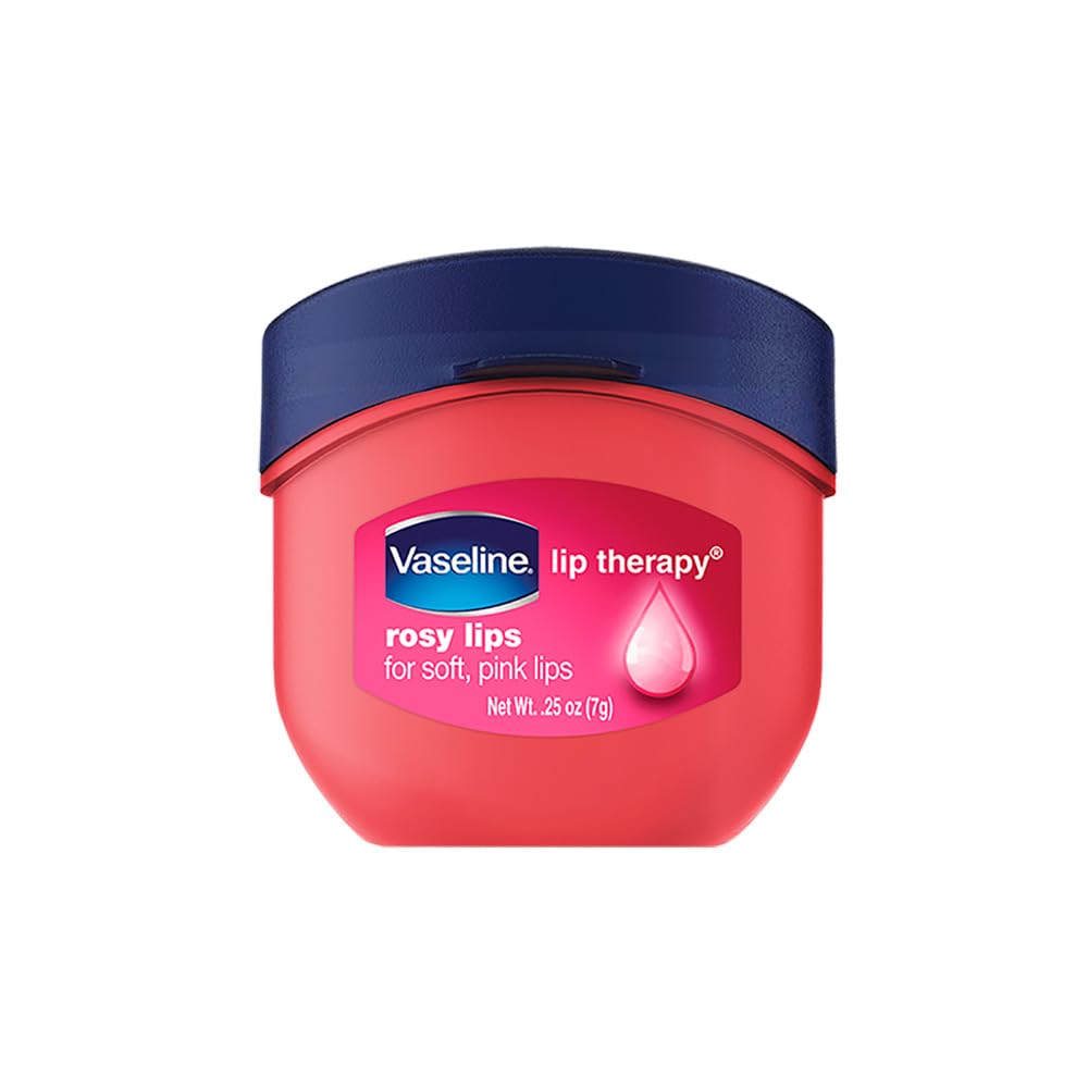Vaseline Lip Therapy Rosy Lips mini jar close-up showing rosy tint