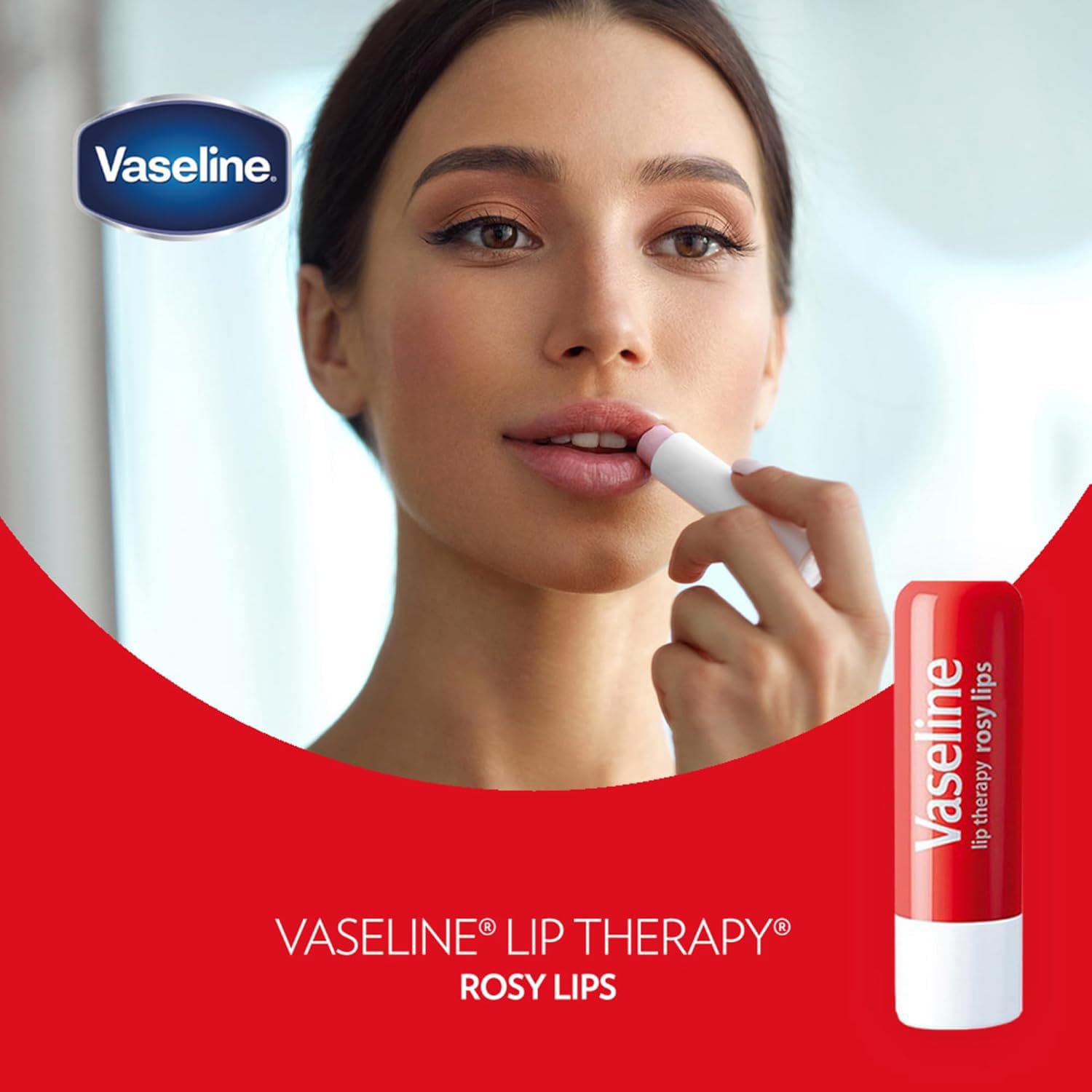 Vaseline Lip Therapy Rosy Lips non-greasy balm swatch demonstrates easy glide.