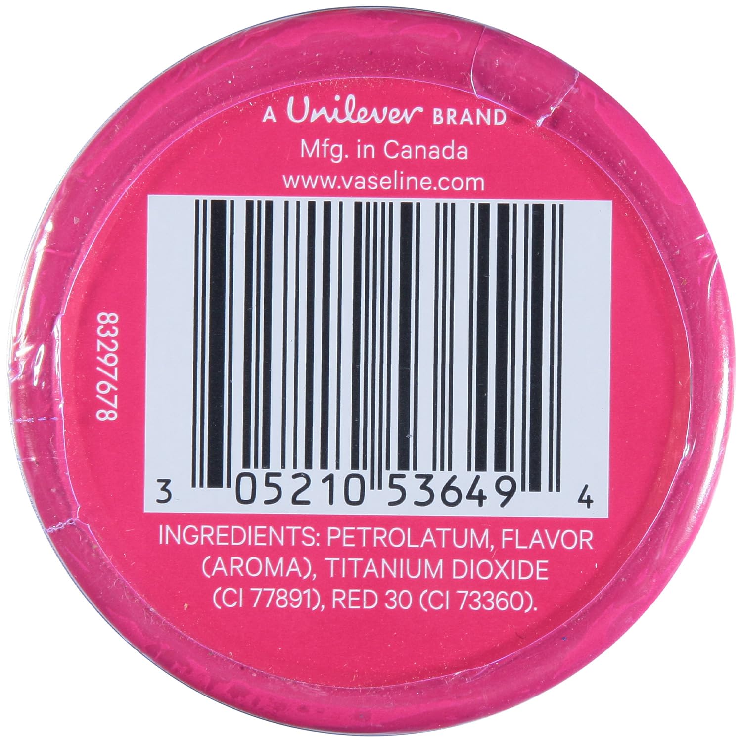Opened Vaseline Lip Therapy Rosy Lips tin showing rosy tint on lips