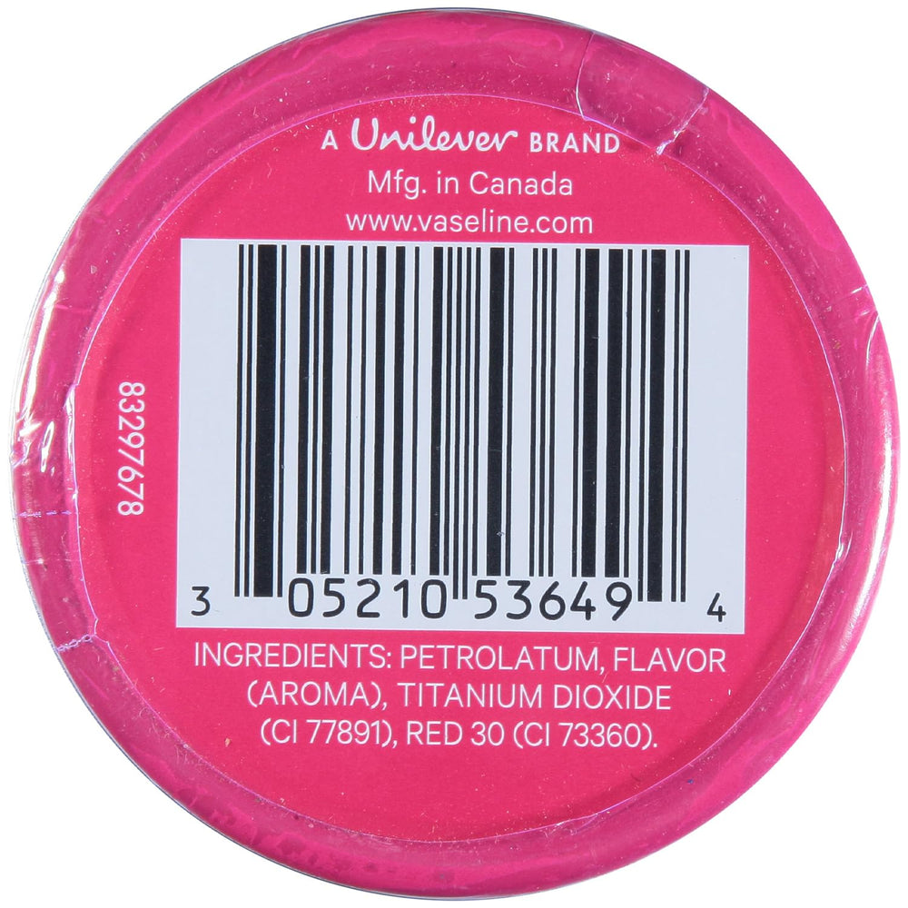 Opened Vaseline Lip Therapy Rosy Lips tin showing rosy tint on lips