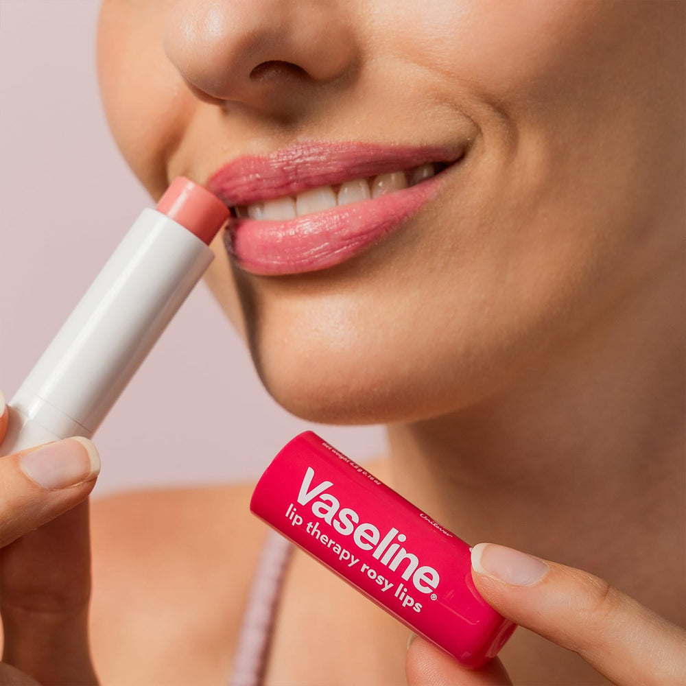 Vaseline Lip Therapy Rosy Lips travel-friendly packaging for easy touch-ups.