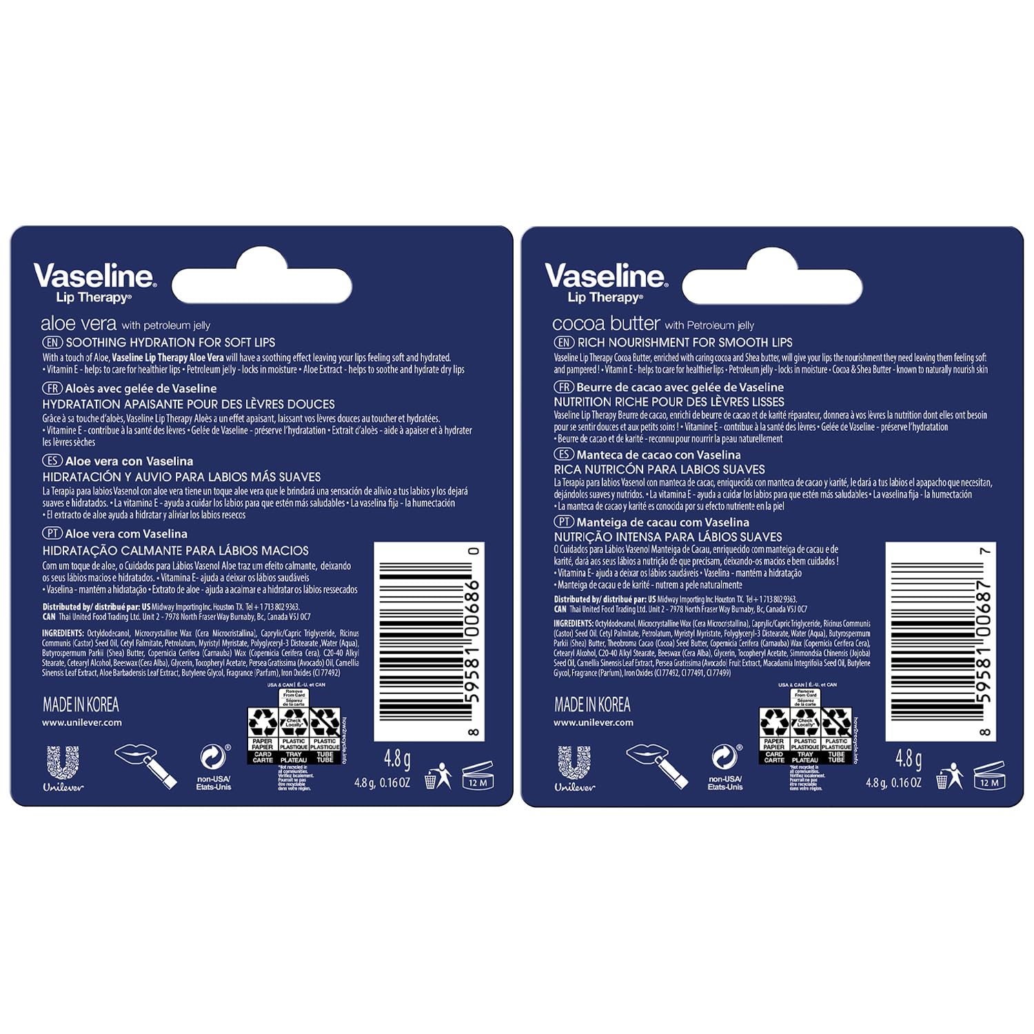 Vaseline Lip Therapy 4-pack Aloe Vera emphasizes refreshing balm for dry lips