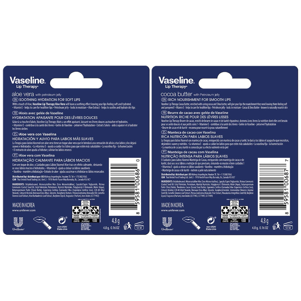 Vaseline Lip Therapy 4-pack Aloe Vera emphasizes refreshing balm for dry lips